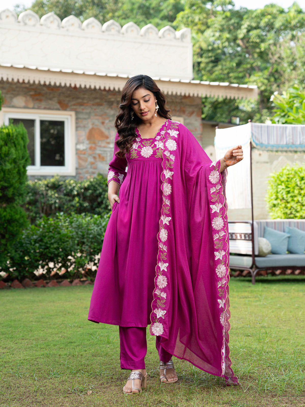 Embroidered Viscose Solid A-Line Violet Kurta