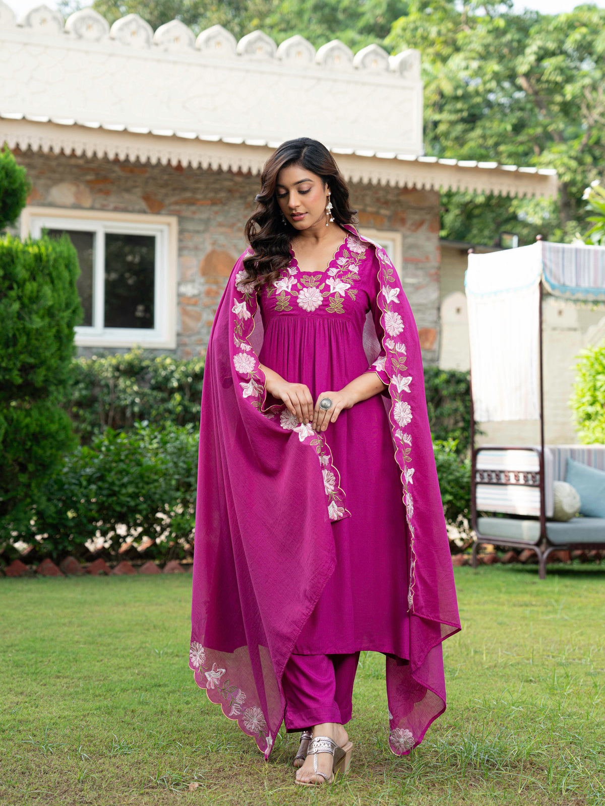 Embroidered Viscose Solid A-Line Violet Kurta