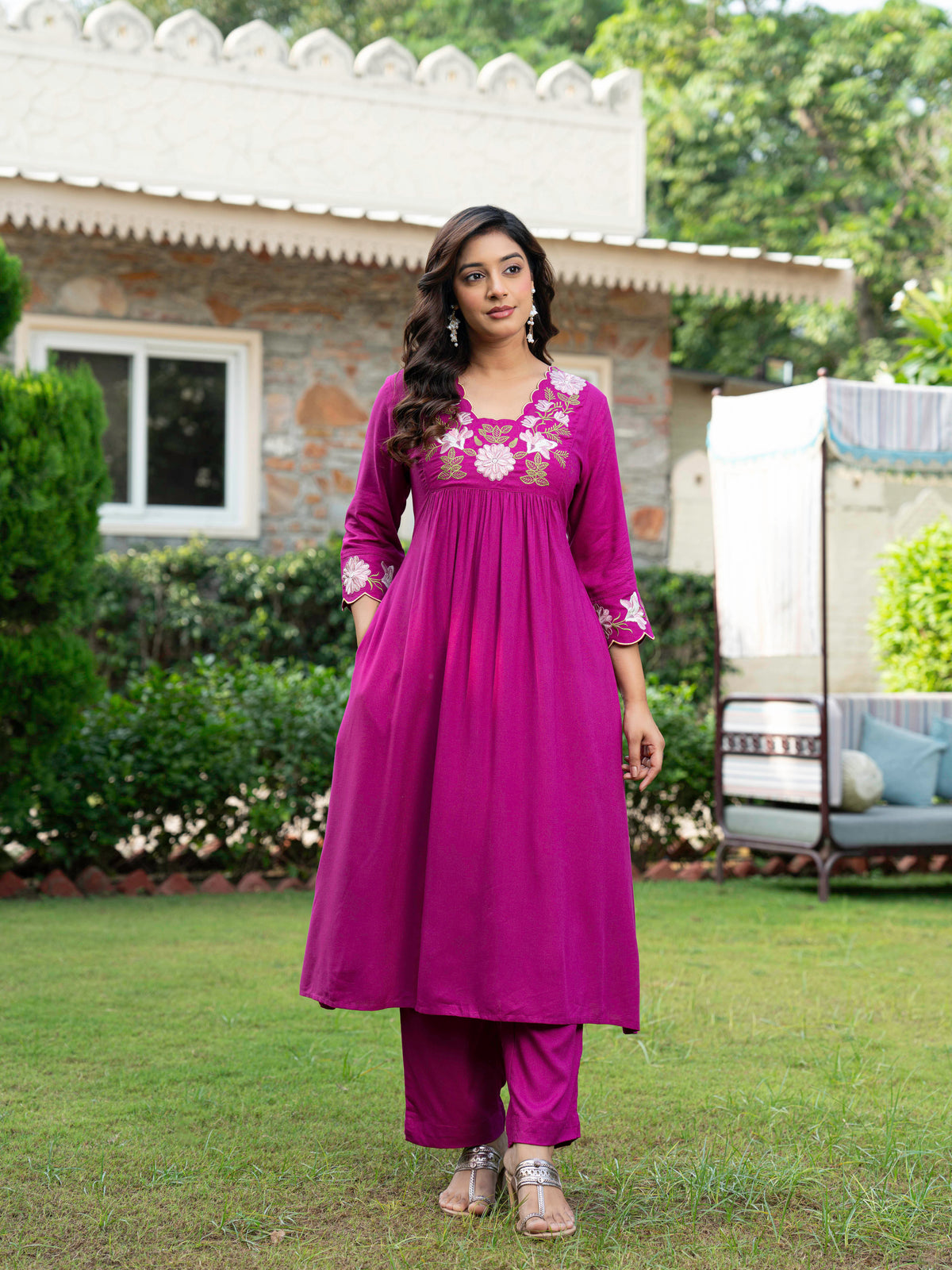 Embroidered Viscose Solid A-Line Violet Kurta