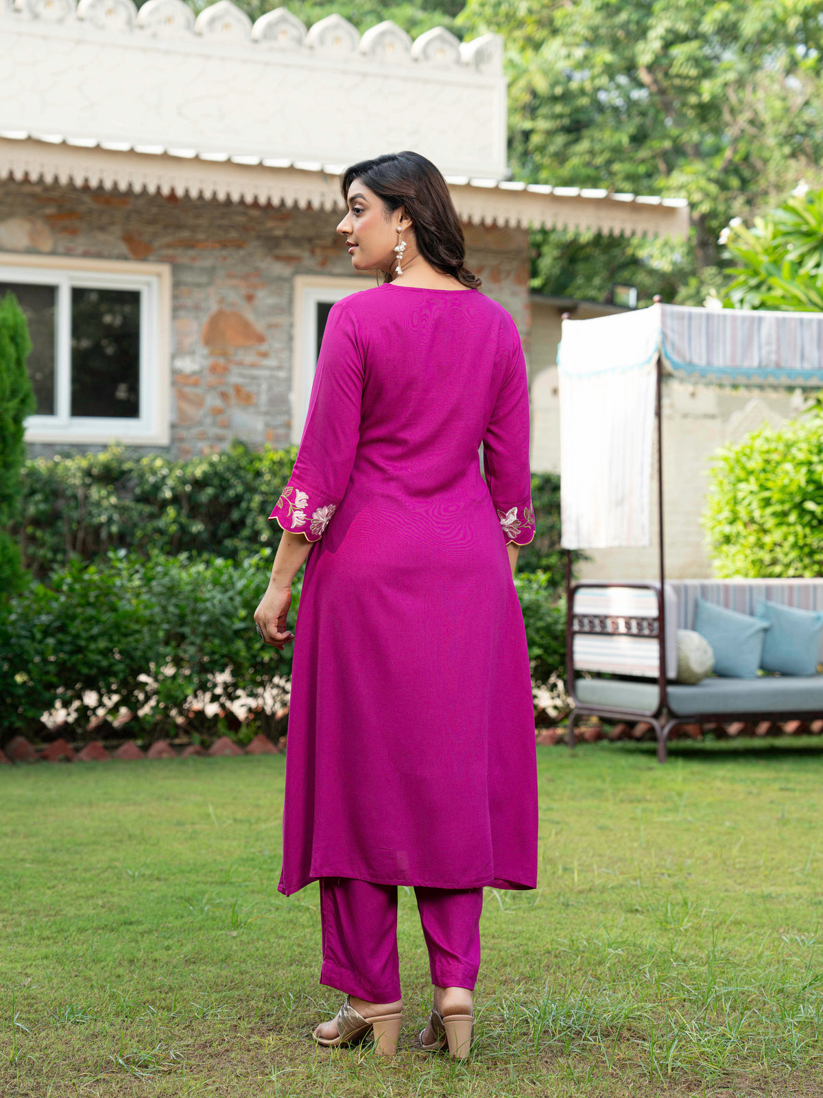 Embroidered Viscose Solid A-Line Violet Kurta