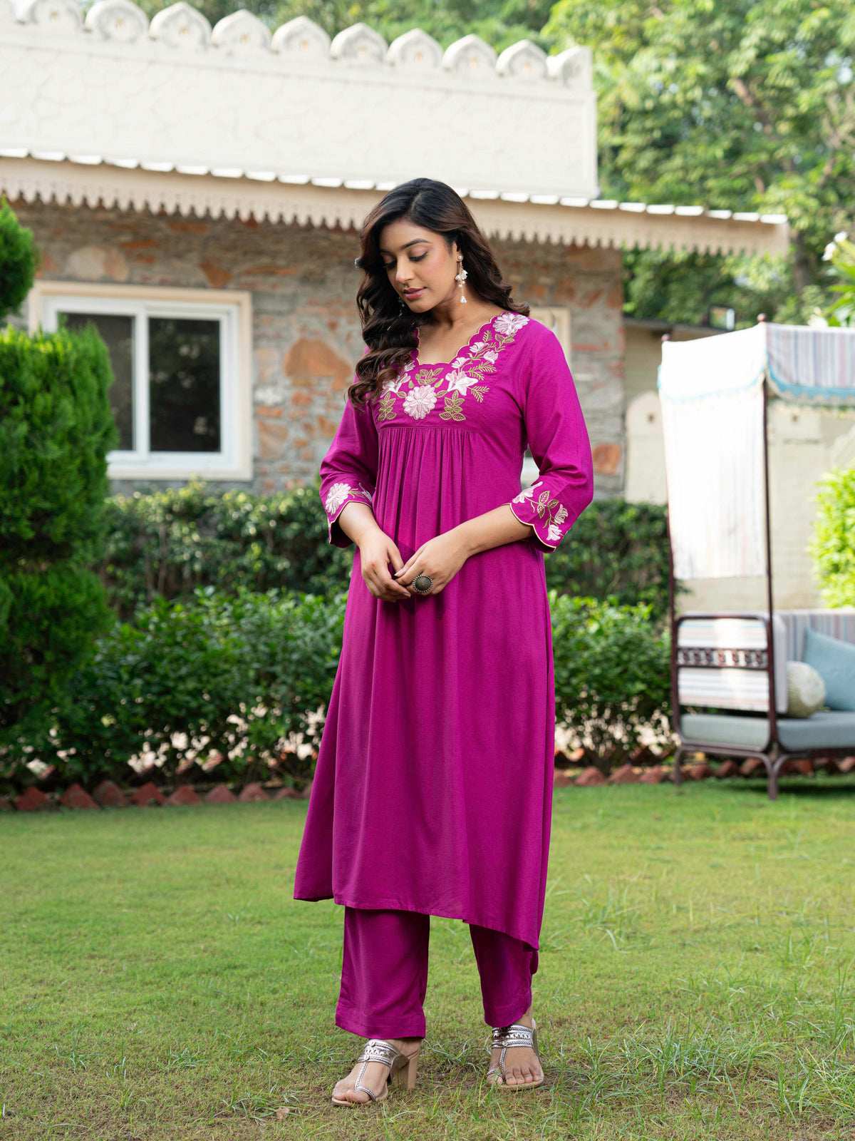Embroidered Viscose Solid A-Line Violet Kurta
