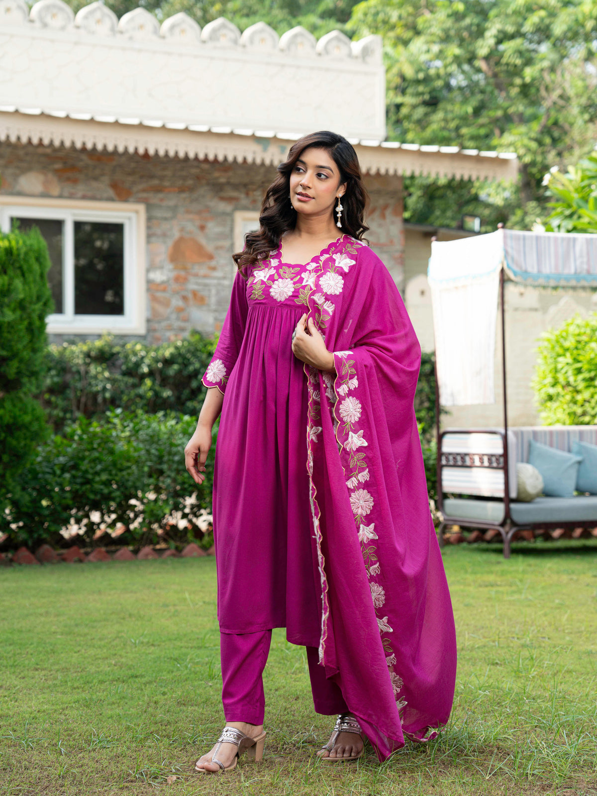 Embroidered Viscose Solid A-Line Violet Kurta