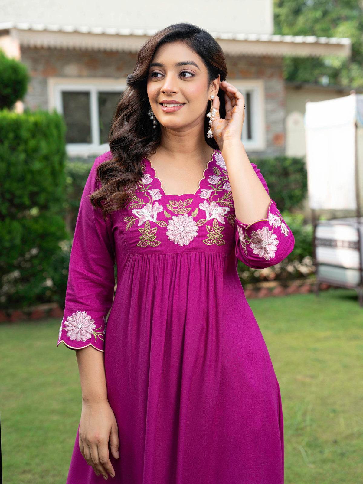 Embroidered Viscose Solid A-Line Violet Kurta