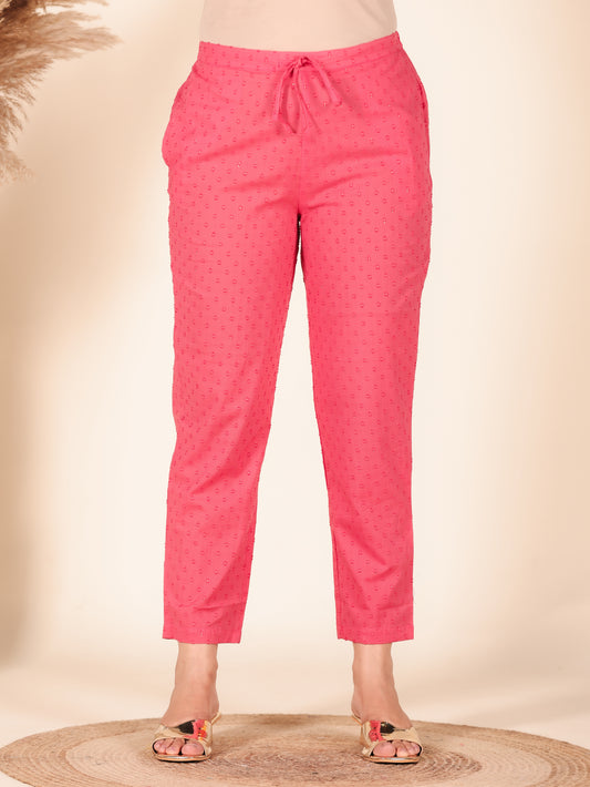 Textured Cotton Woven Design Pink Tapered Trousers