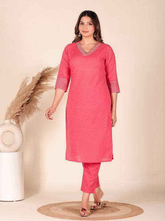 Textured Cotton Woven Design Straight Pink Kurta