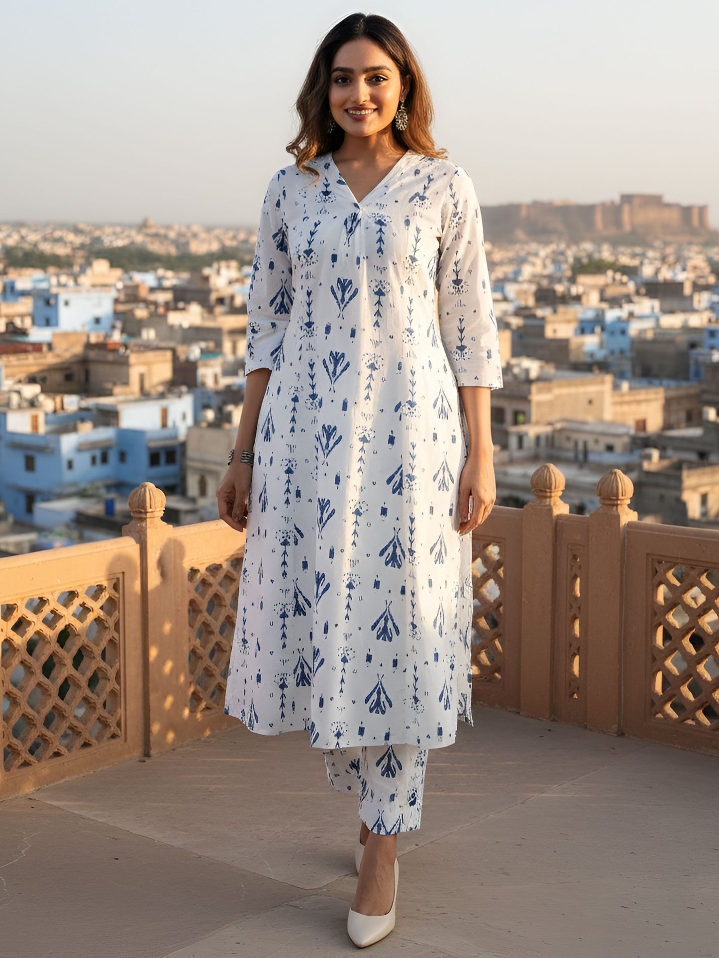 Soft Cotton Ikat Flared White Kurta