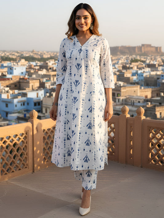 Soft Cotton Ikat Flared White Kurta