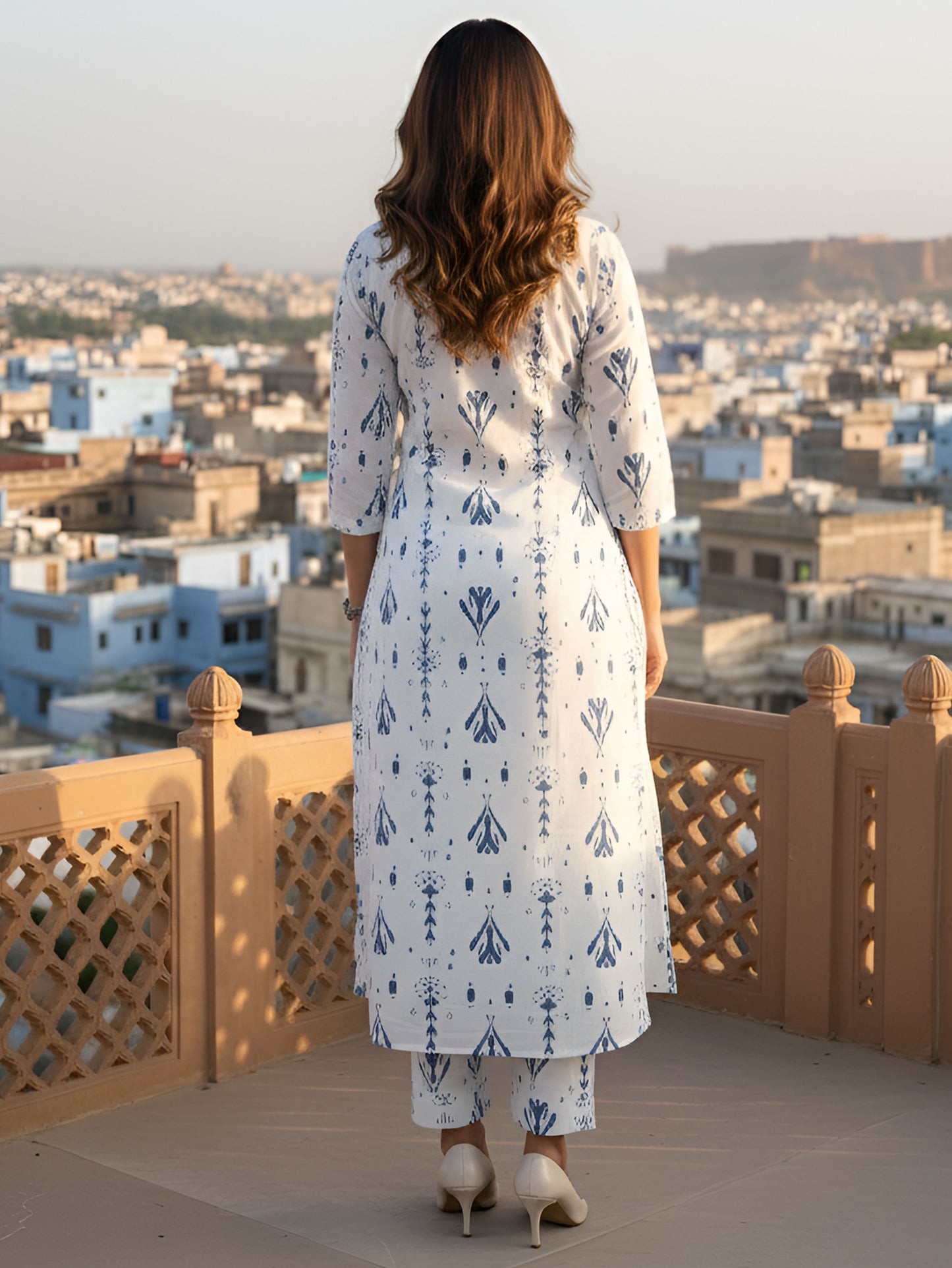 Soft Cotton Ikat Flared White Kurta