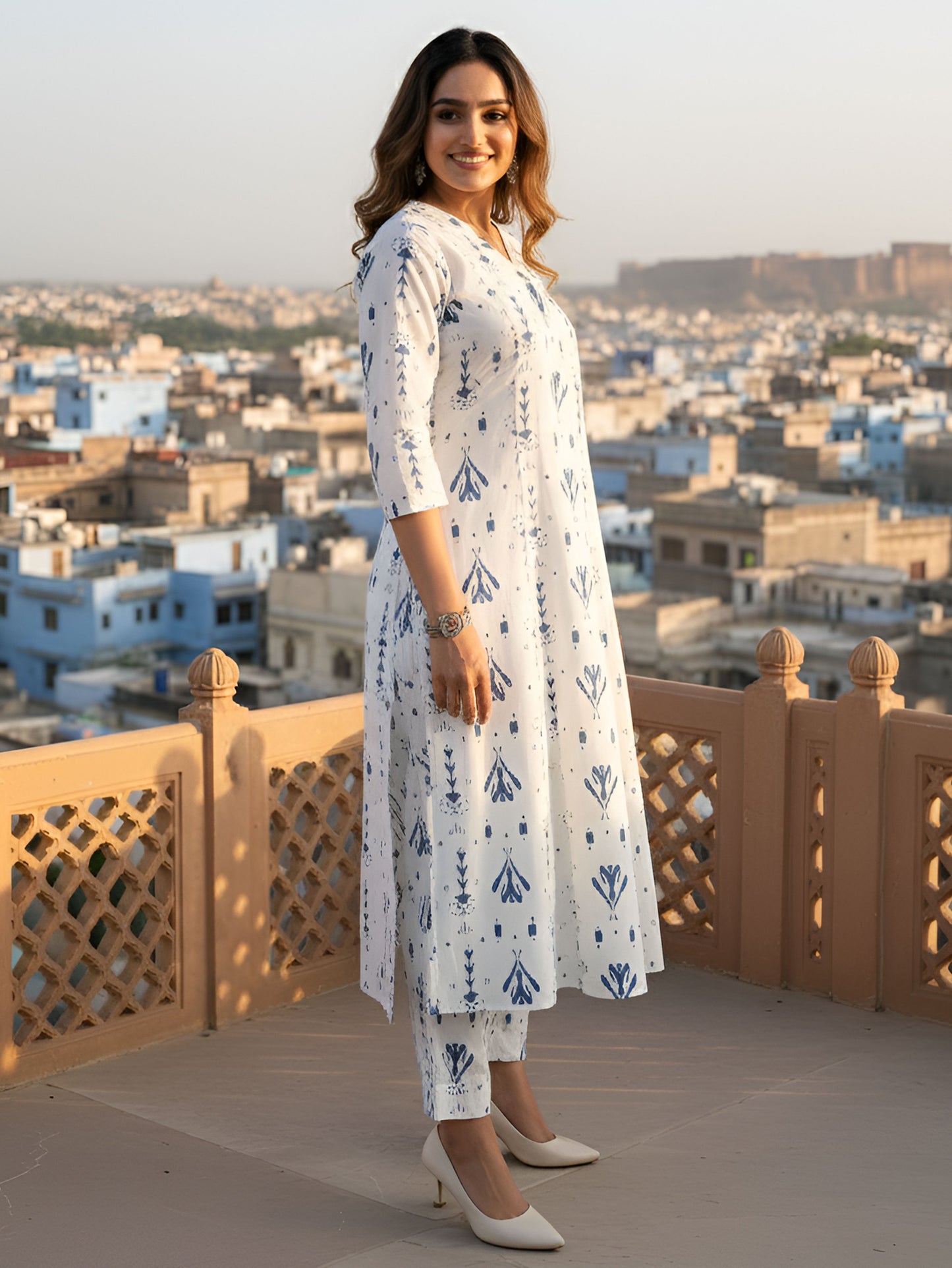 Soft Cotton Ikat Flared White Kurta