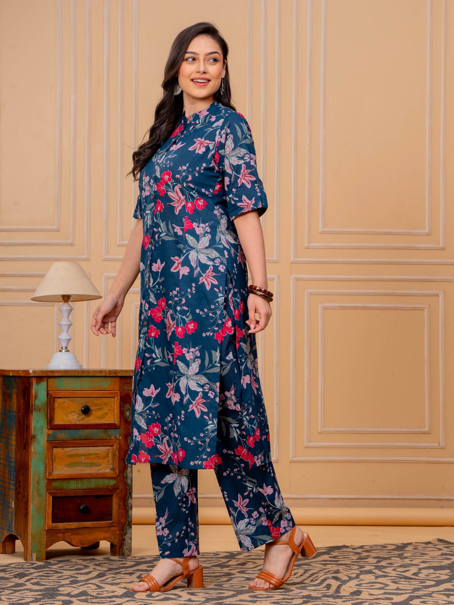 Soft Cotton Floral A-line Blue Kurta
