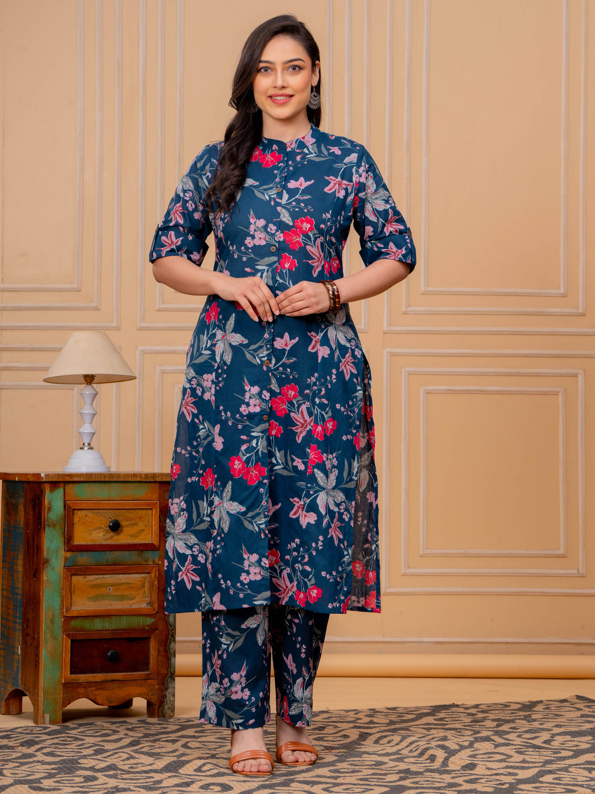Soft Cotton Floral A-line Blue Kurta
