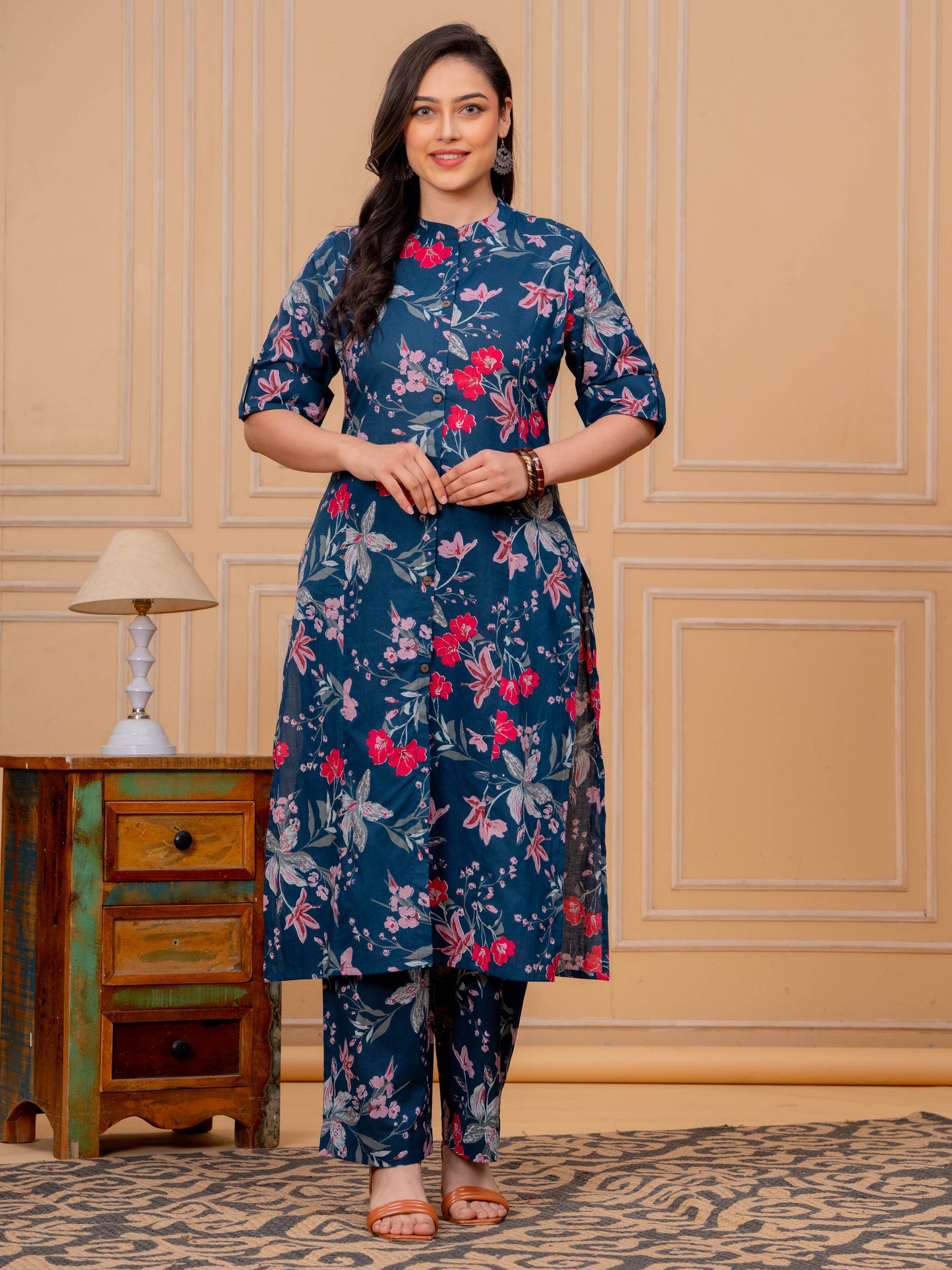 Soft Cotton Floral A-line Blue Kurta