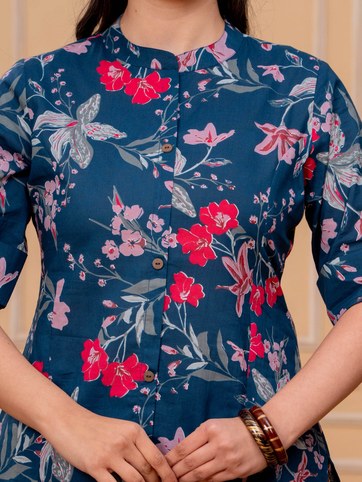 Soft Cotton Floral A-line Blue Kurta