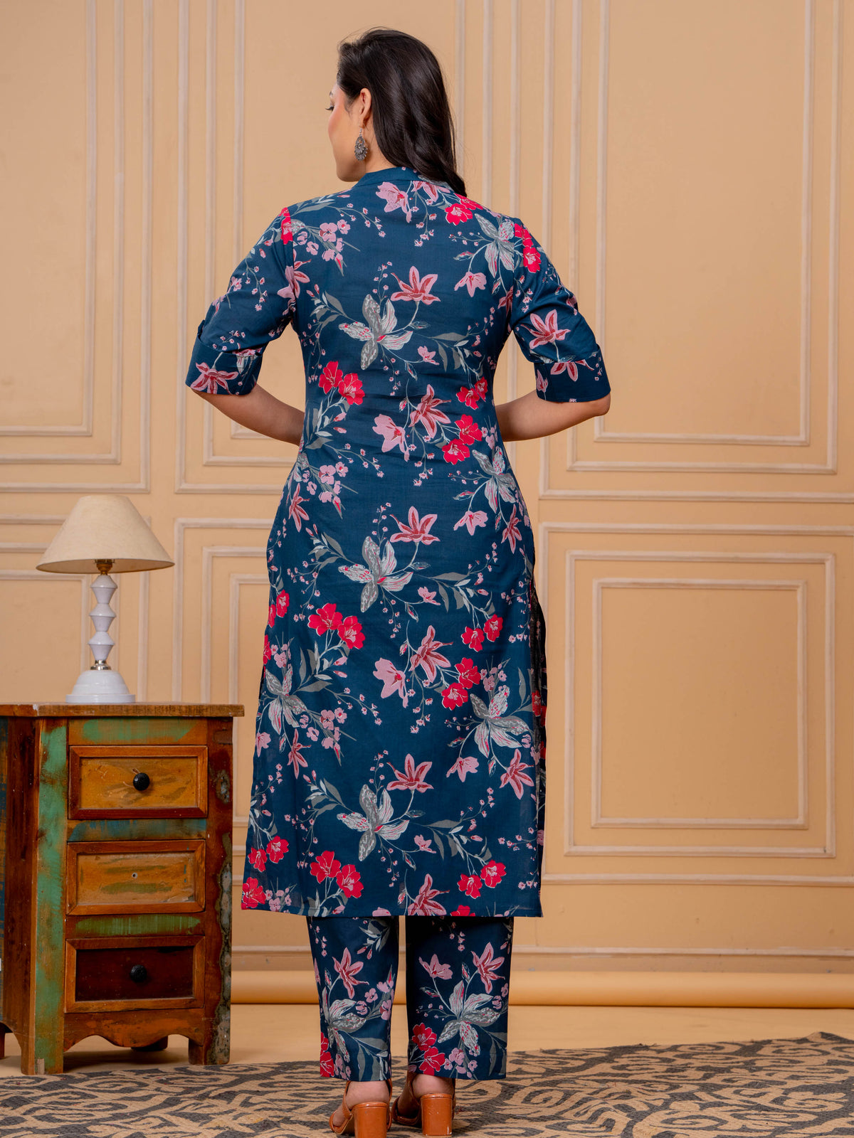 Soft Cotton Floral A-line Blue Kurta
