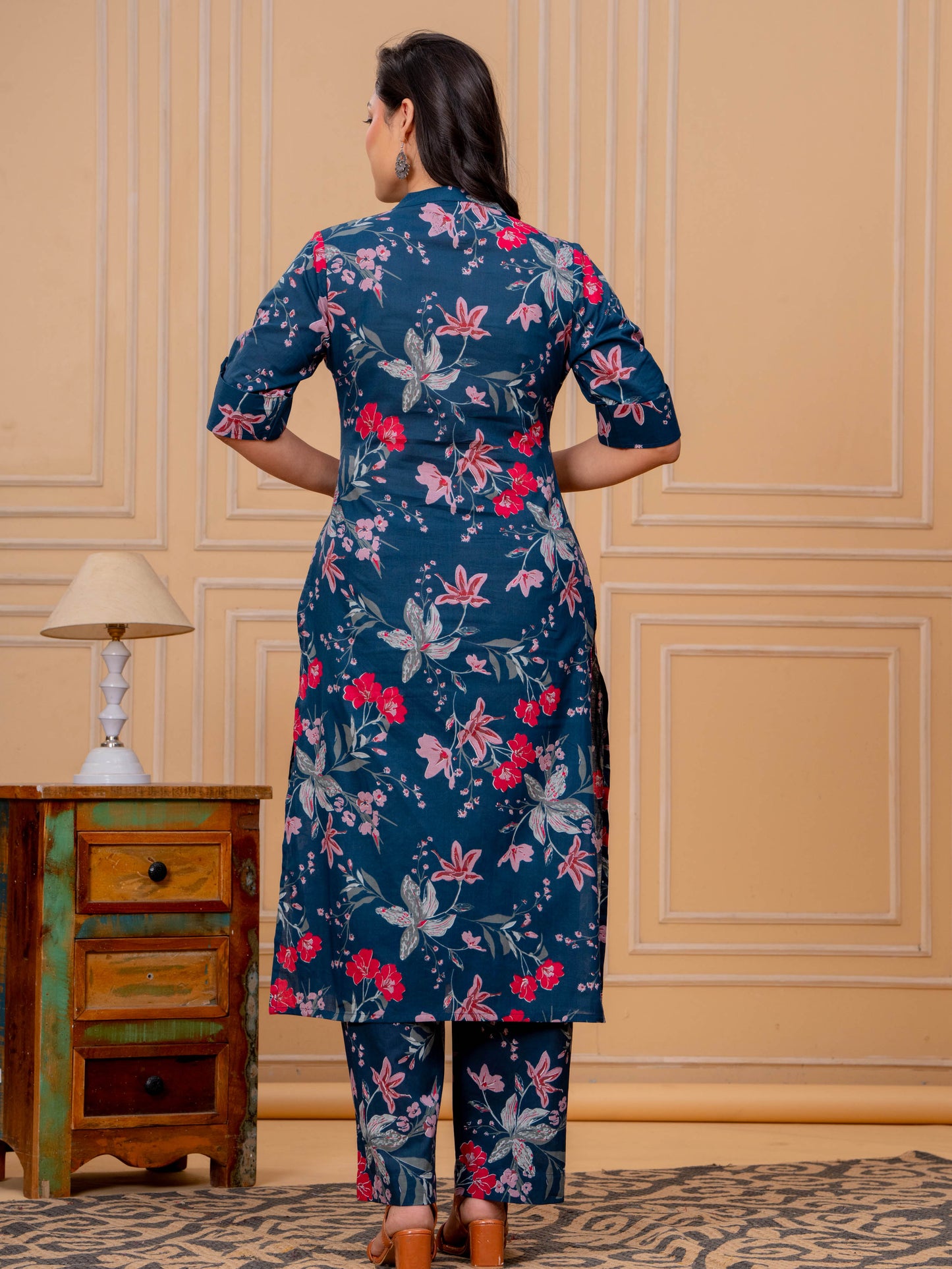 Soft Cotton Floral A-line Blue Kurta