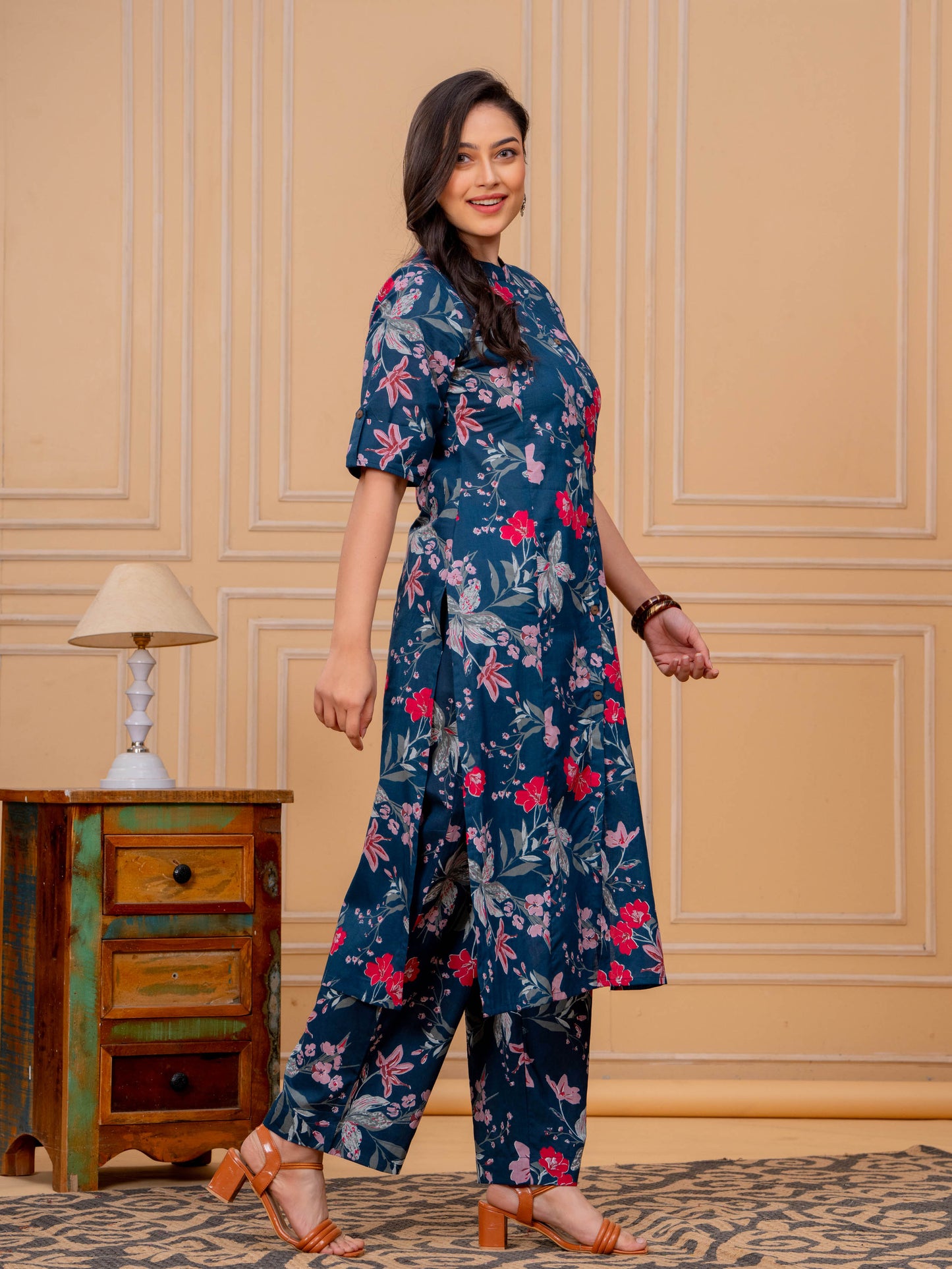 Soft Cotton Floral A-line Blue Kurta