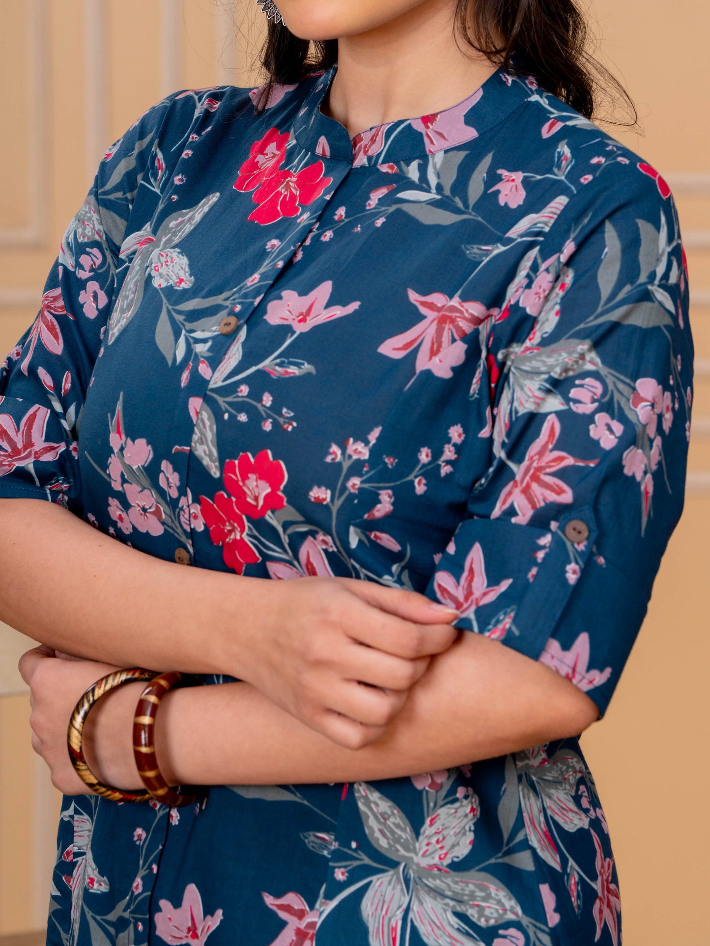 Soft Cotton Floral A-line Blue Kurta
