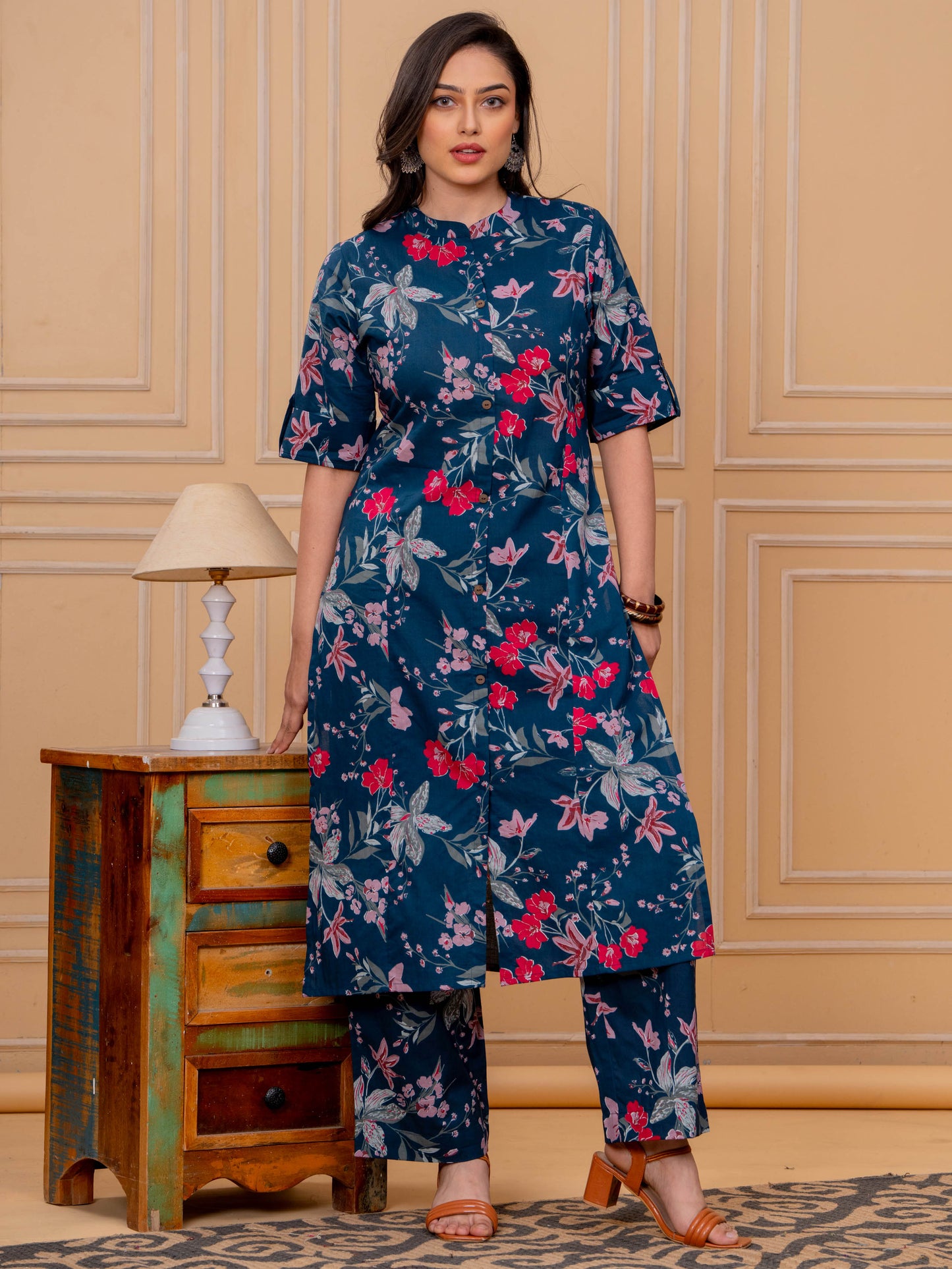 Soft Cotton Floral A-line Blue Kurta