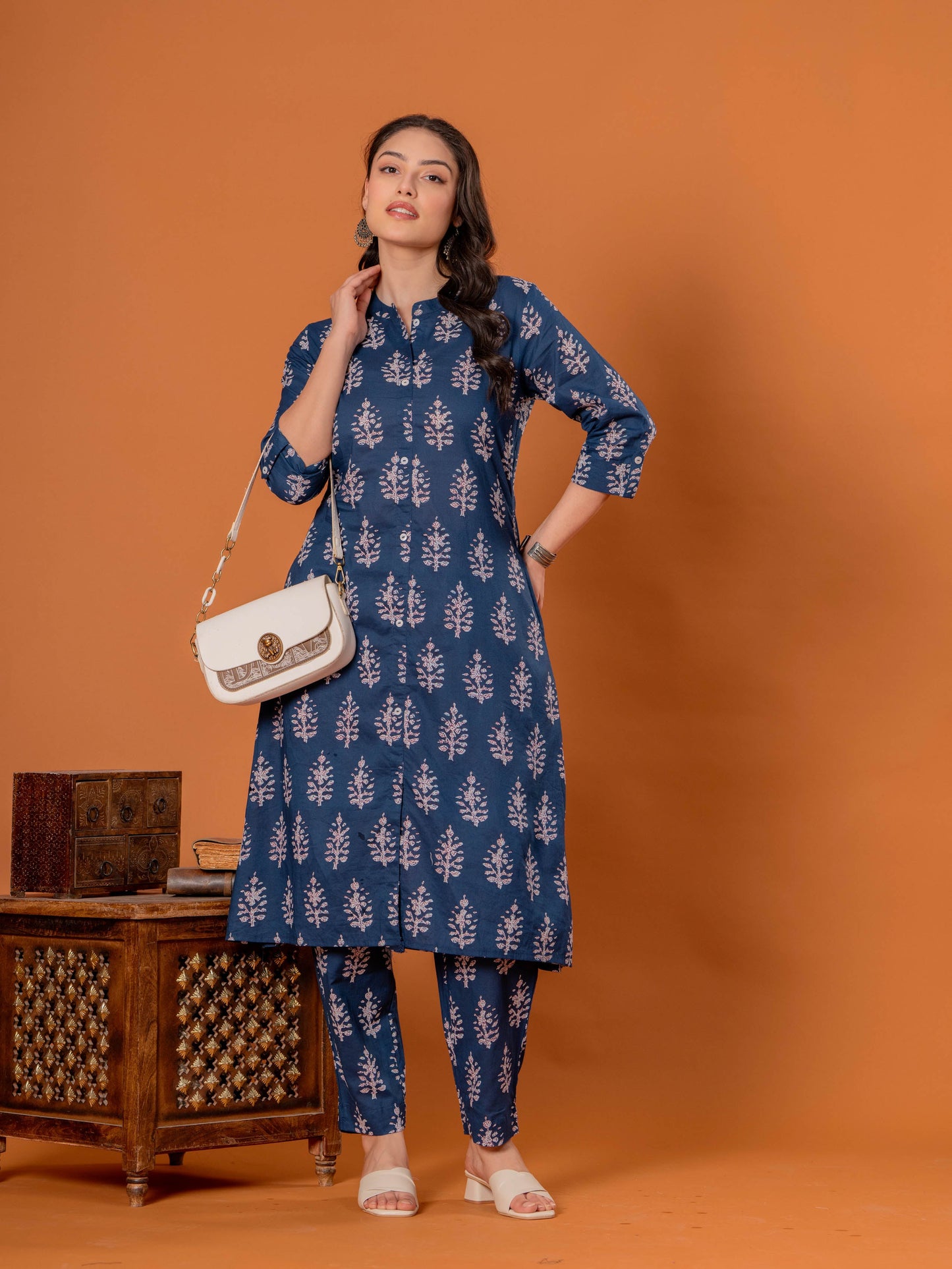 Soft Cotton Butta Straight Blue Kurta