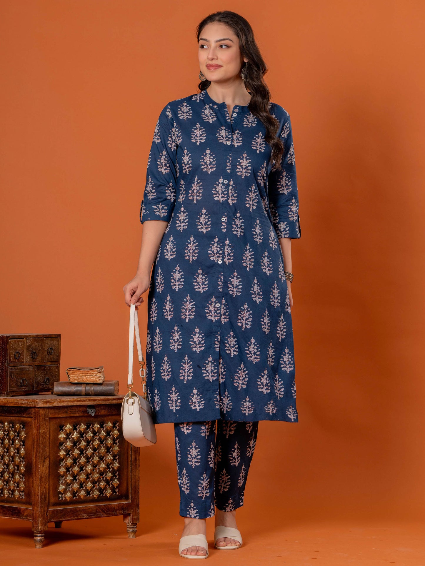 Soft Cotton Butta Straight Blue Kurta