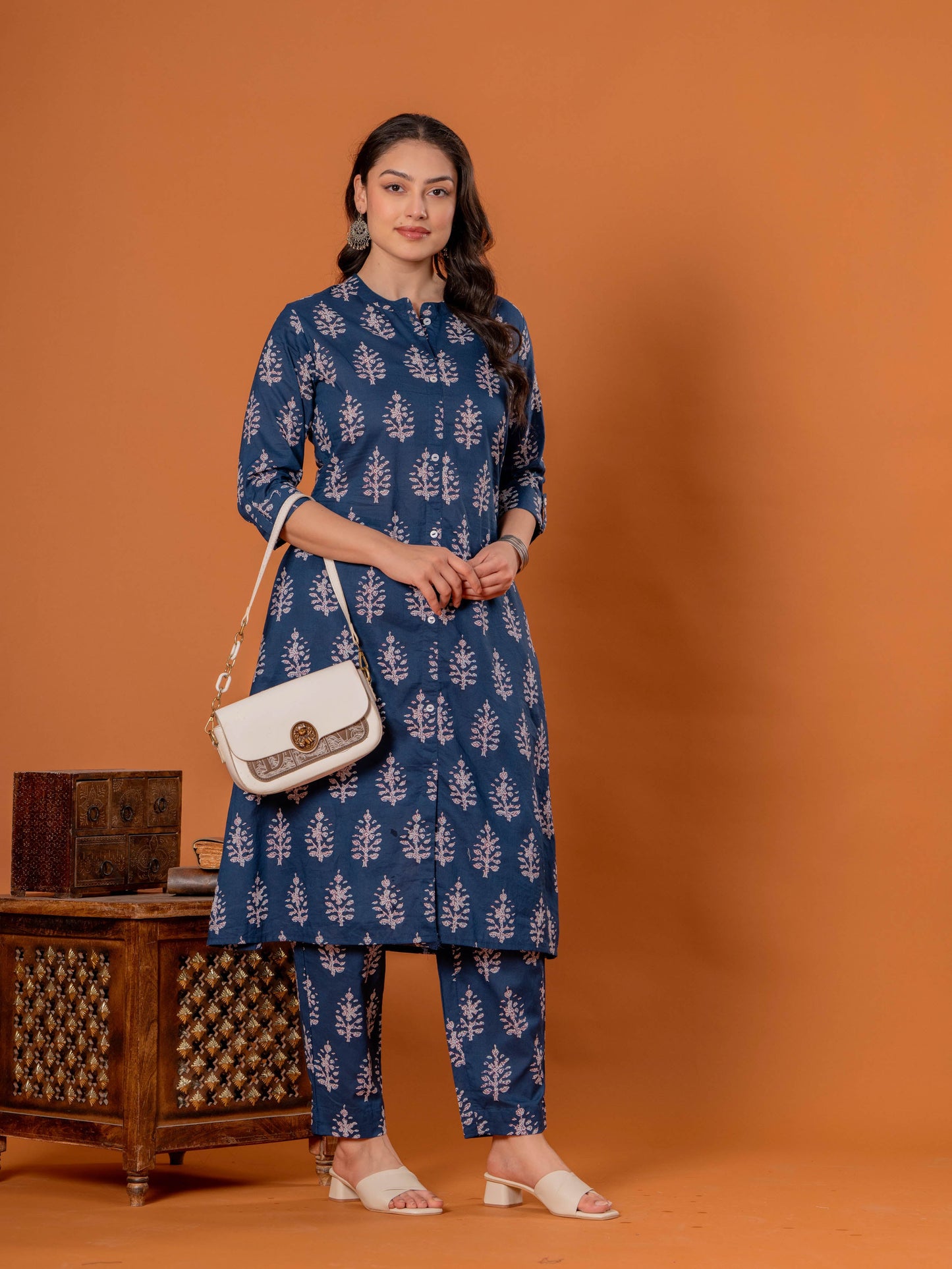 Soft Cotton Butta Straight Blue Kurta