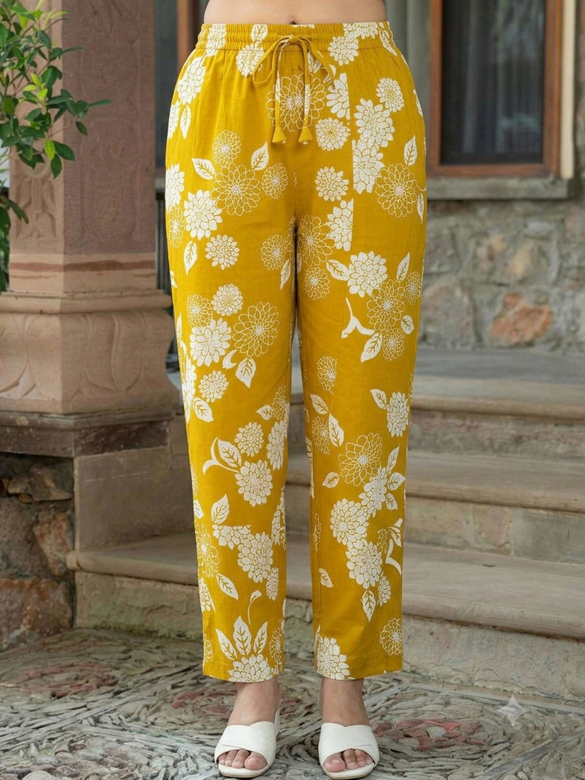 Soft Cotton Floral Mustard Trousers