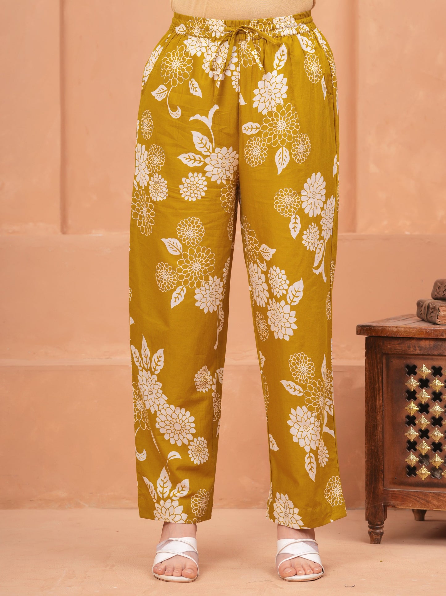 Soft Cotton Floral Mustard Trousers