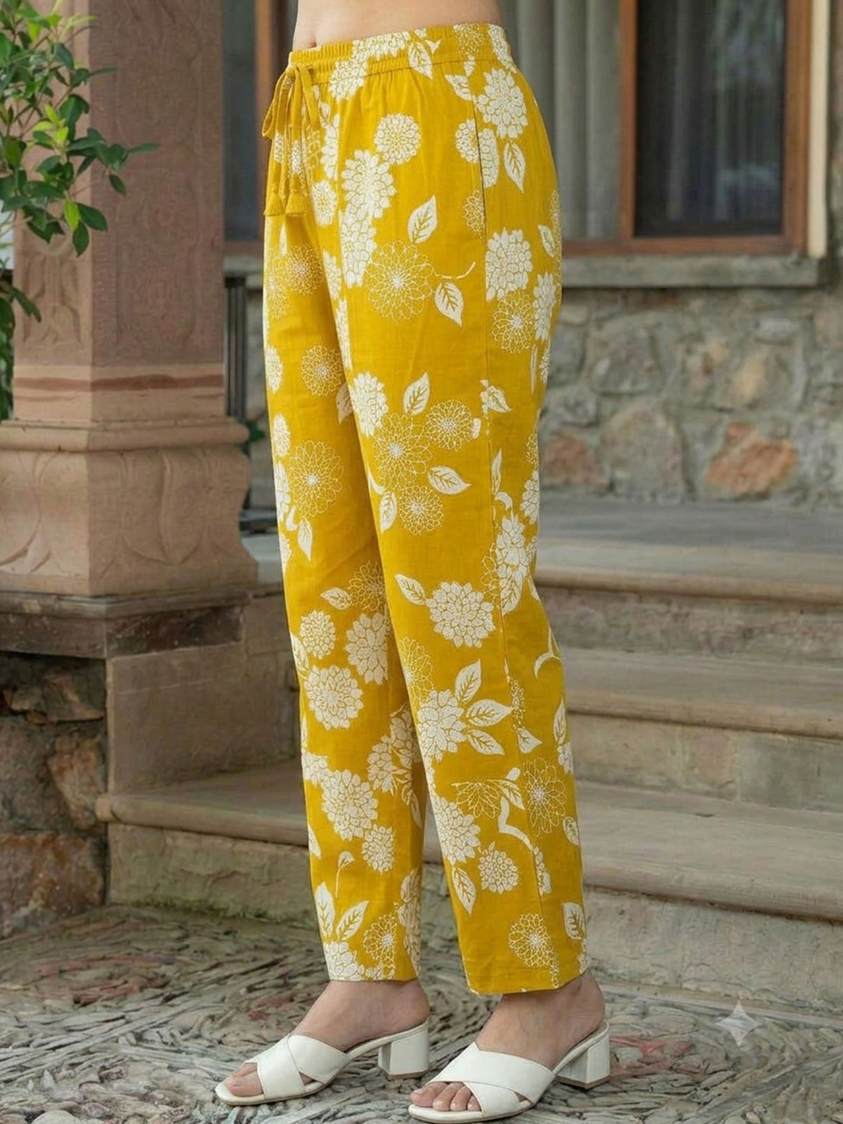 Soft Cotton Floral Mustard Trousers