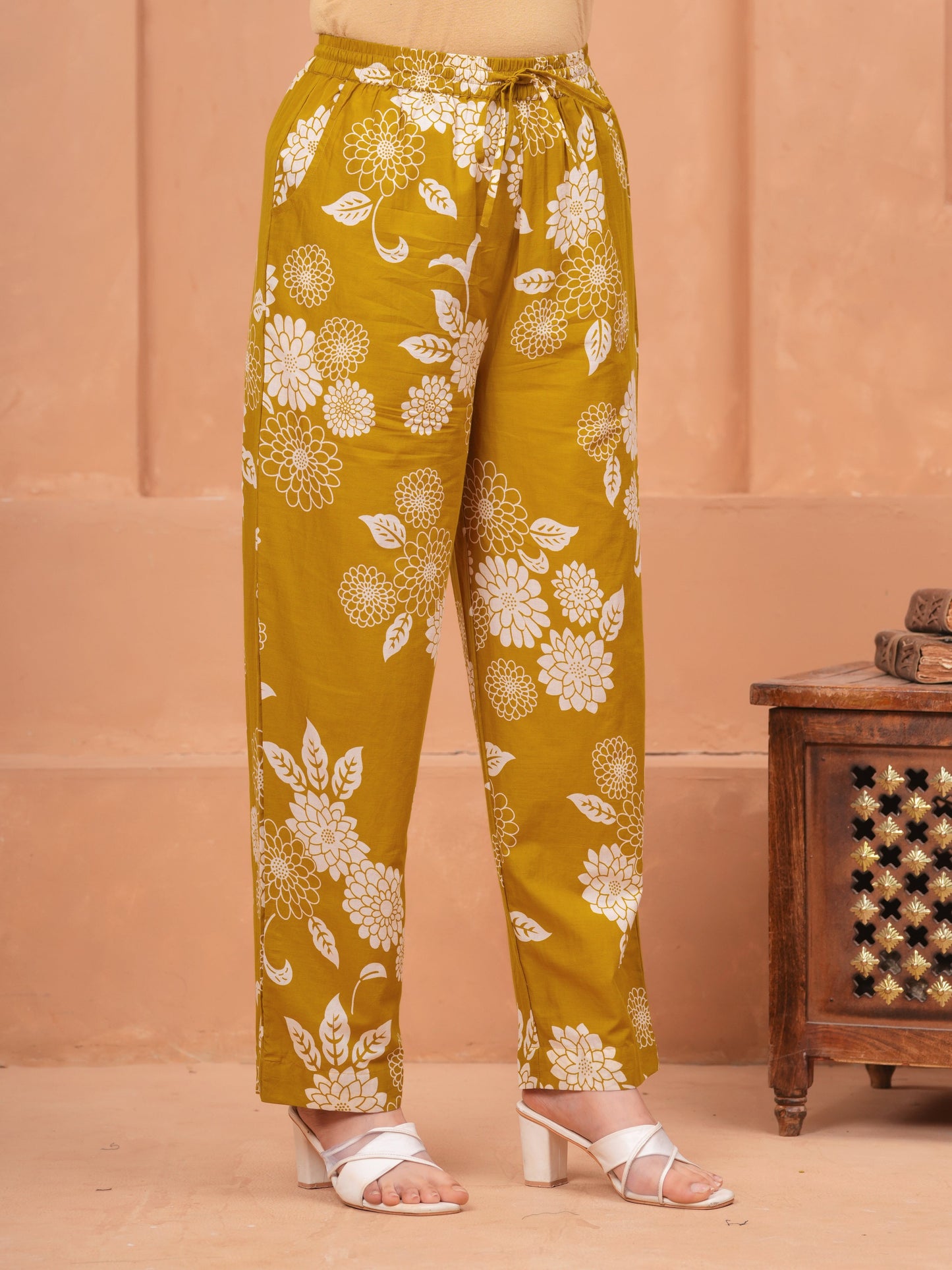 Soft Cotton Floral Mustard Trousers
