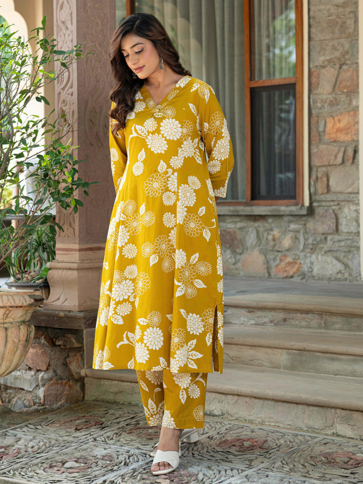 Soft Cotton Floral Flared Mustard Kurta