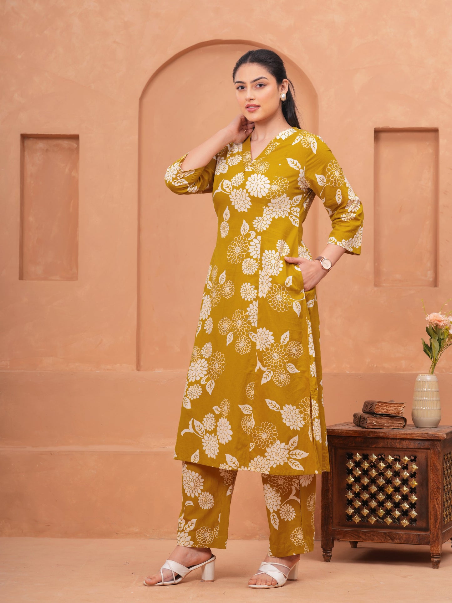 Soft Cotton Floral Flared Mustard Kurta