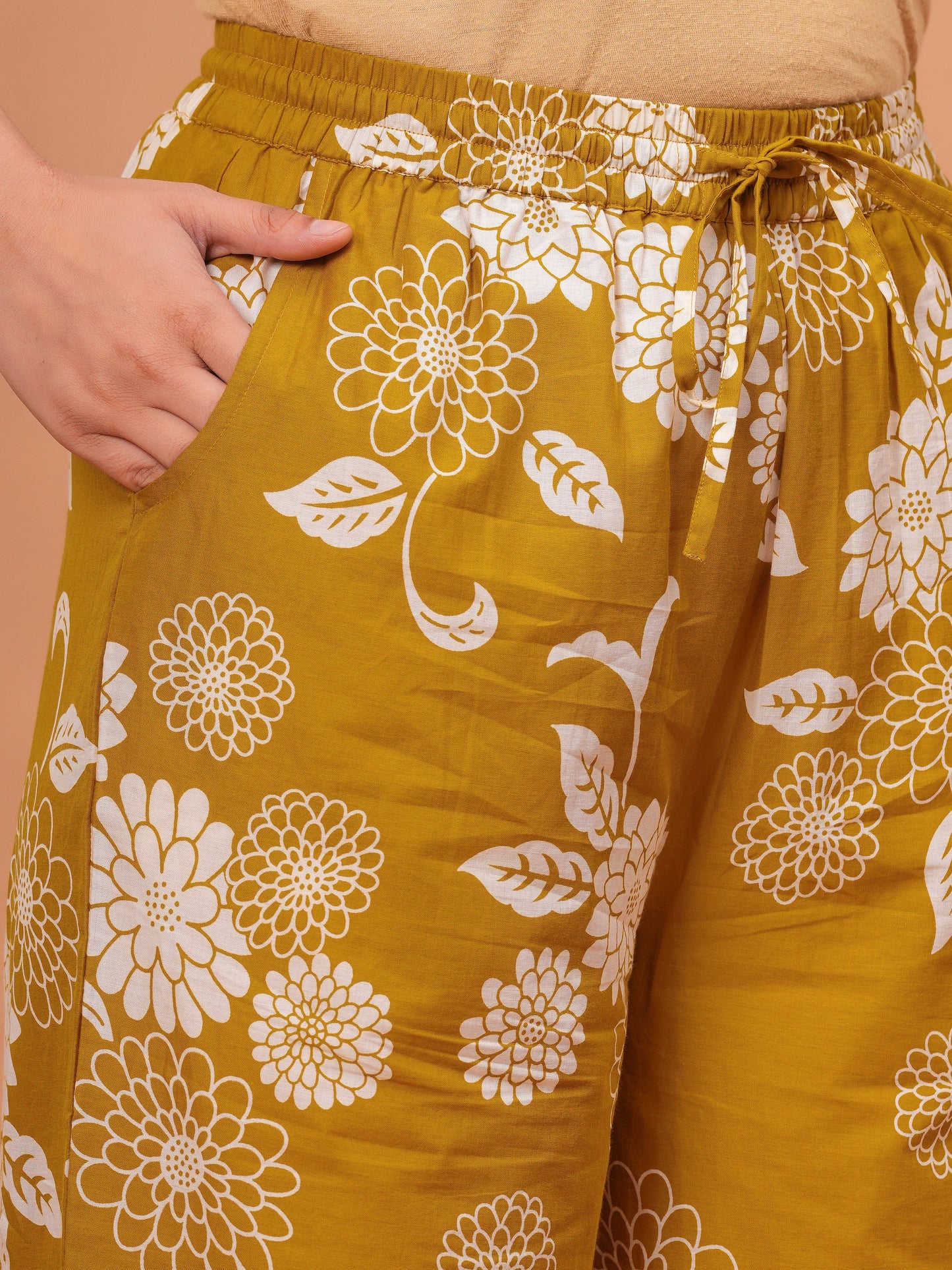Soft Cotton Floral Flared Mustard Kurta