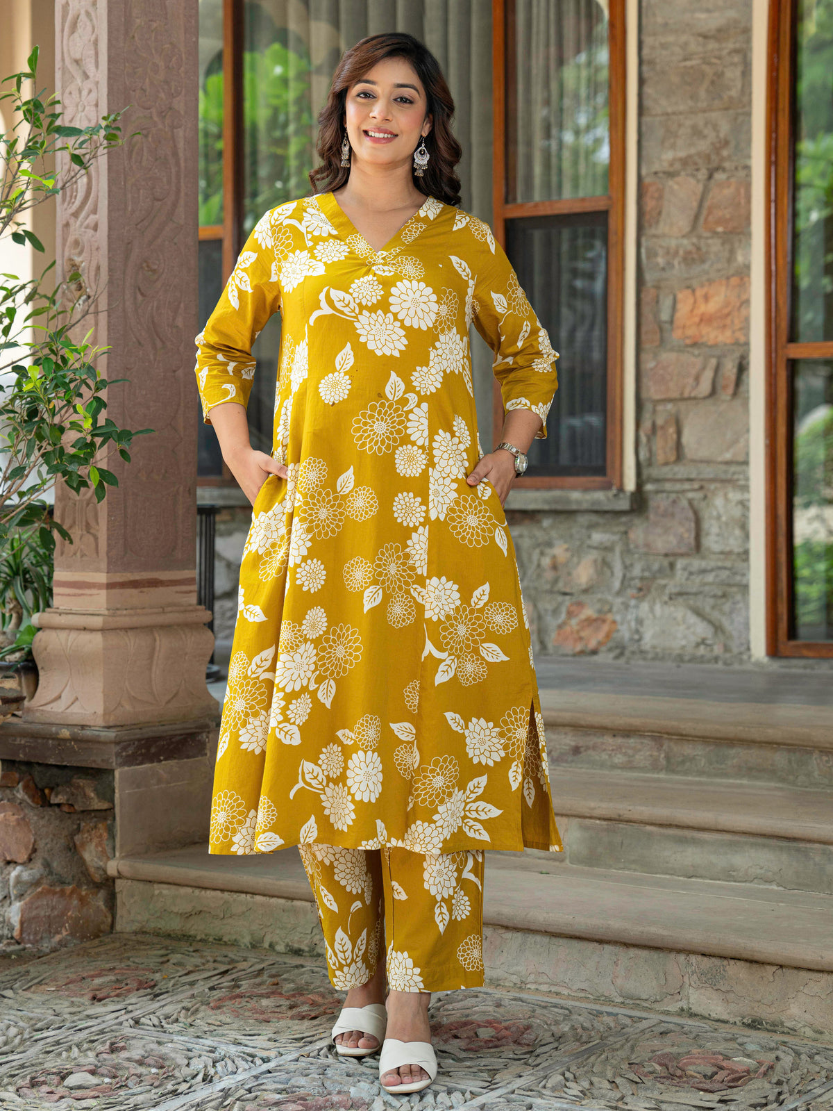 Soft Cotton Floral Flared Mustard Kurta