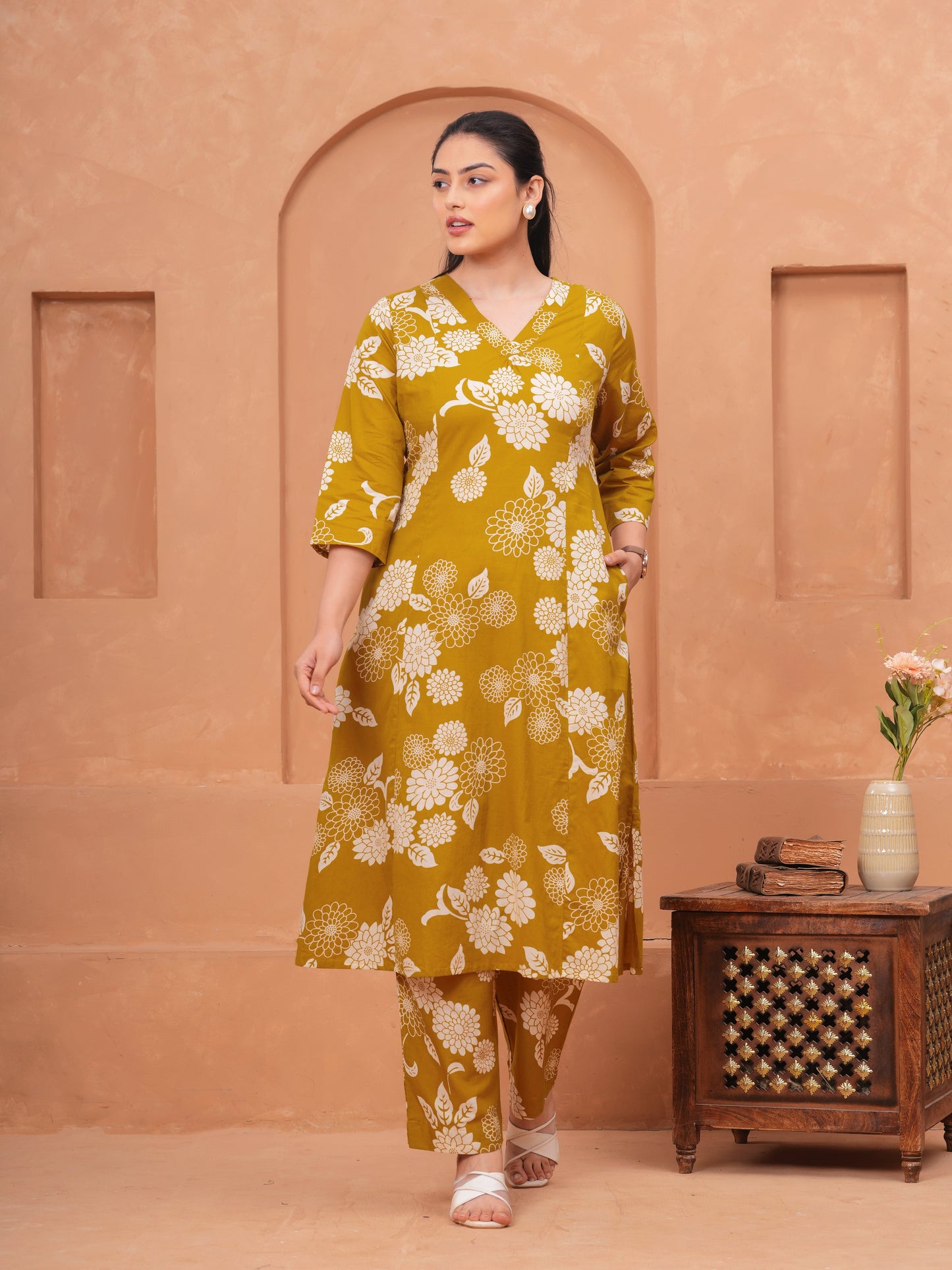 Soft Cotton Floral Flared Mustard Kurta