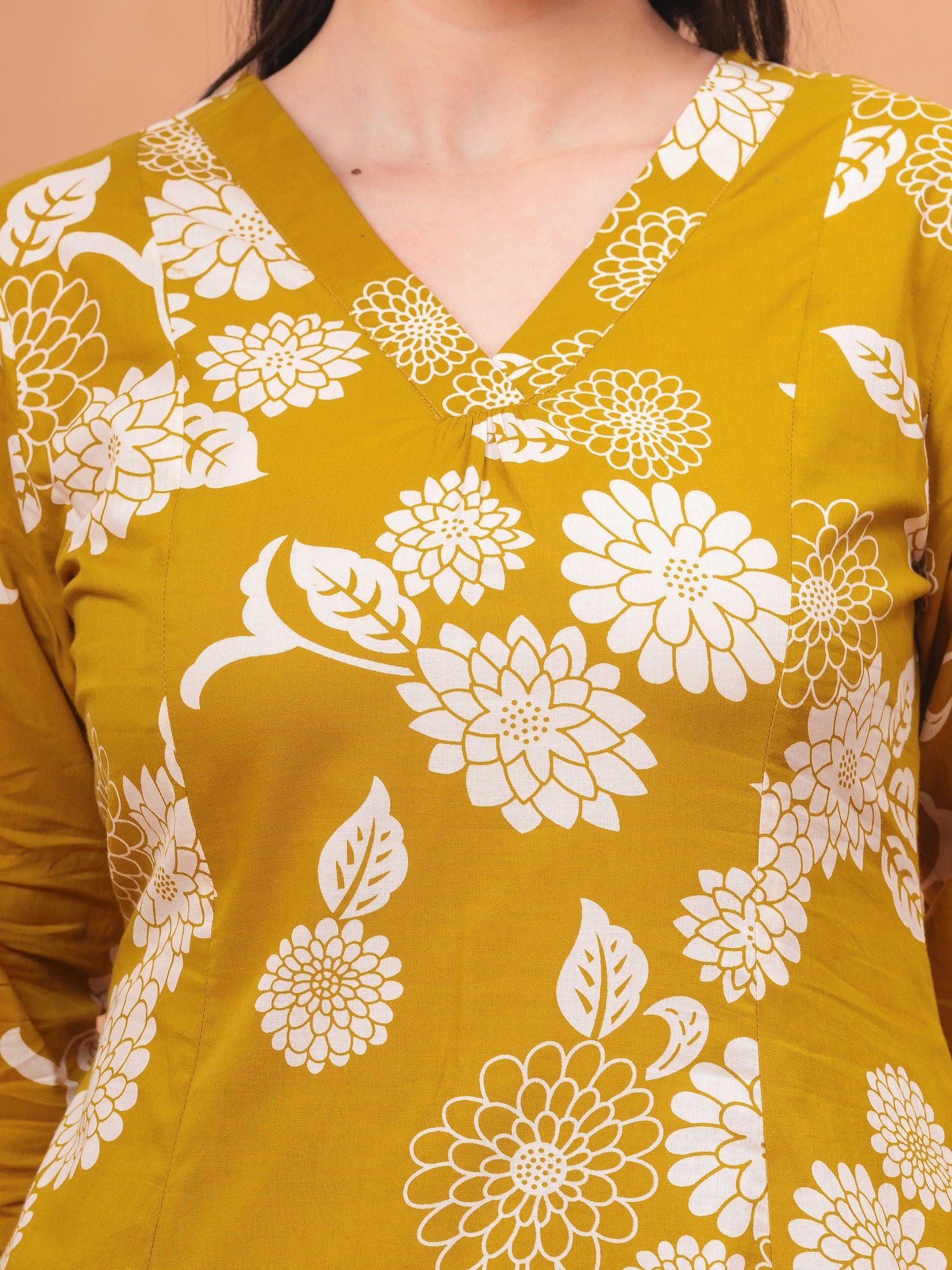Soft Cotton Floral Flared Mustard Kurta