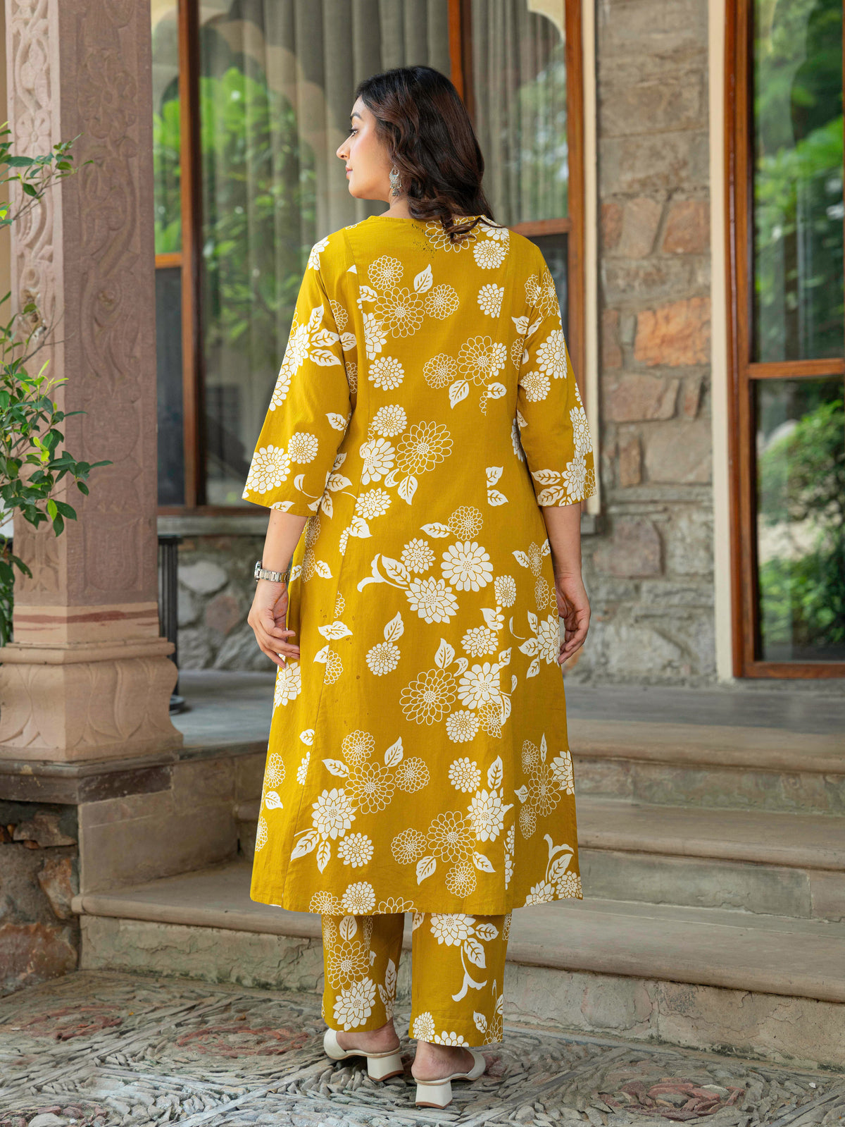 Soft Cotton Floral Flared Mustard Kurta