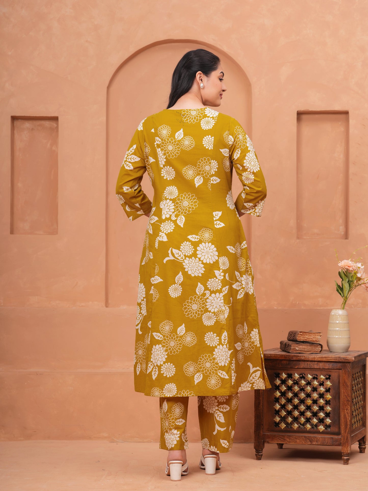 Soft Cotton Floral Flared Mustard Kurta