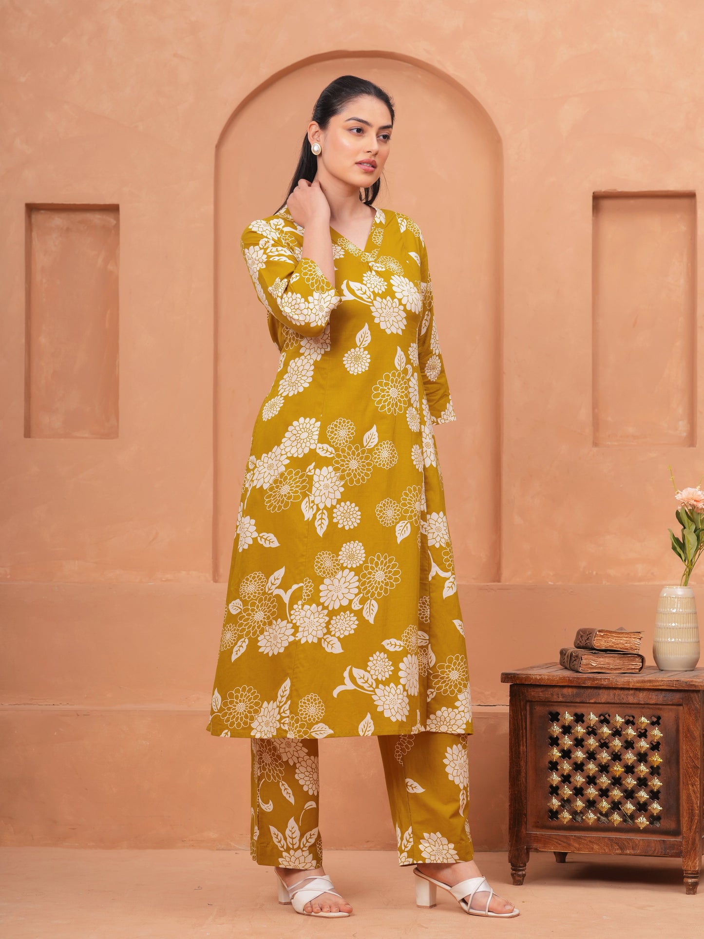 Soft Cotton Floral Flared Mustard Kurta