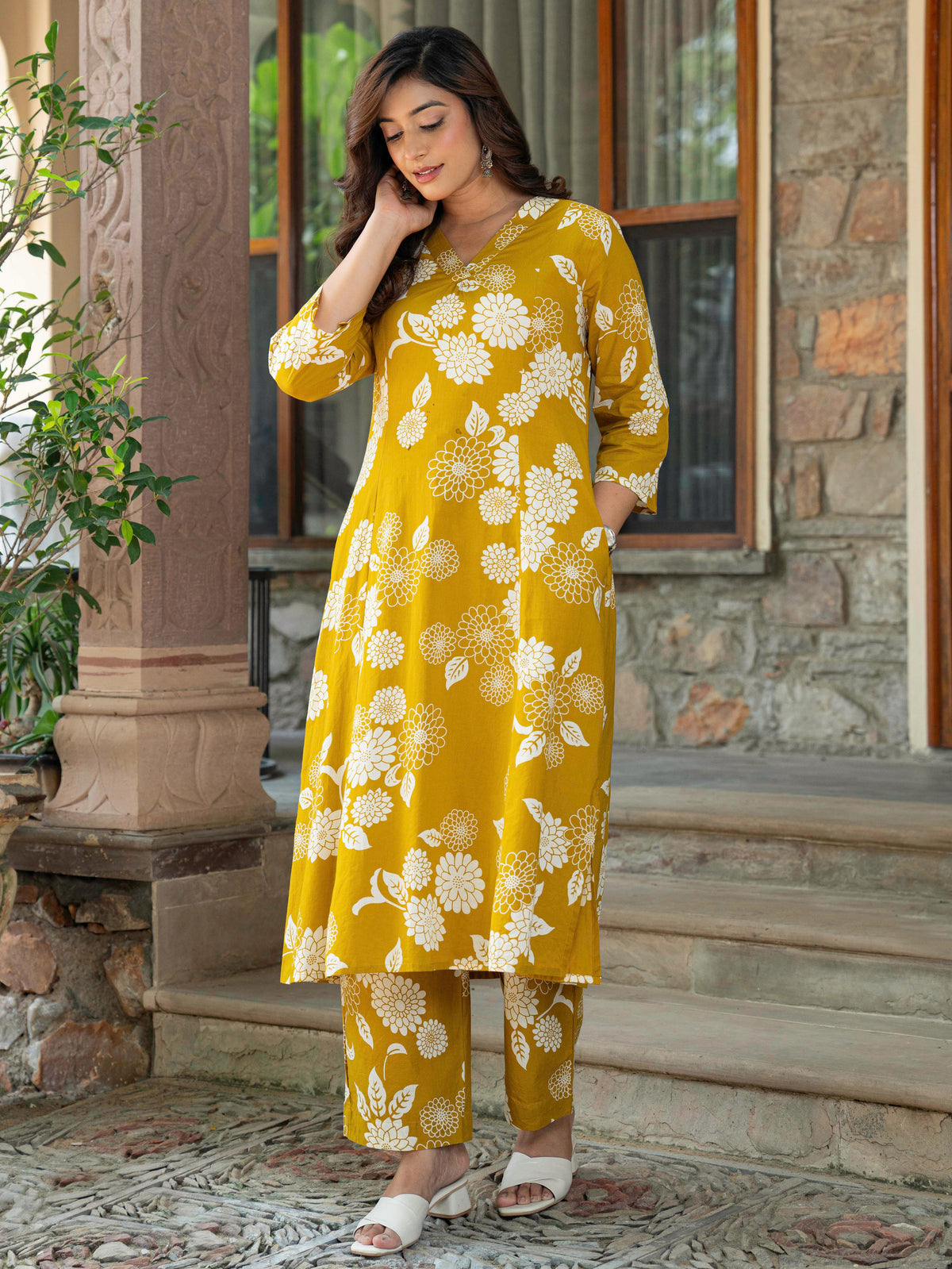 Soft Cotton Floral Flared Mustard Kurta