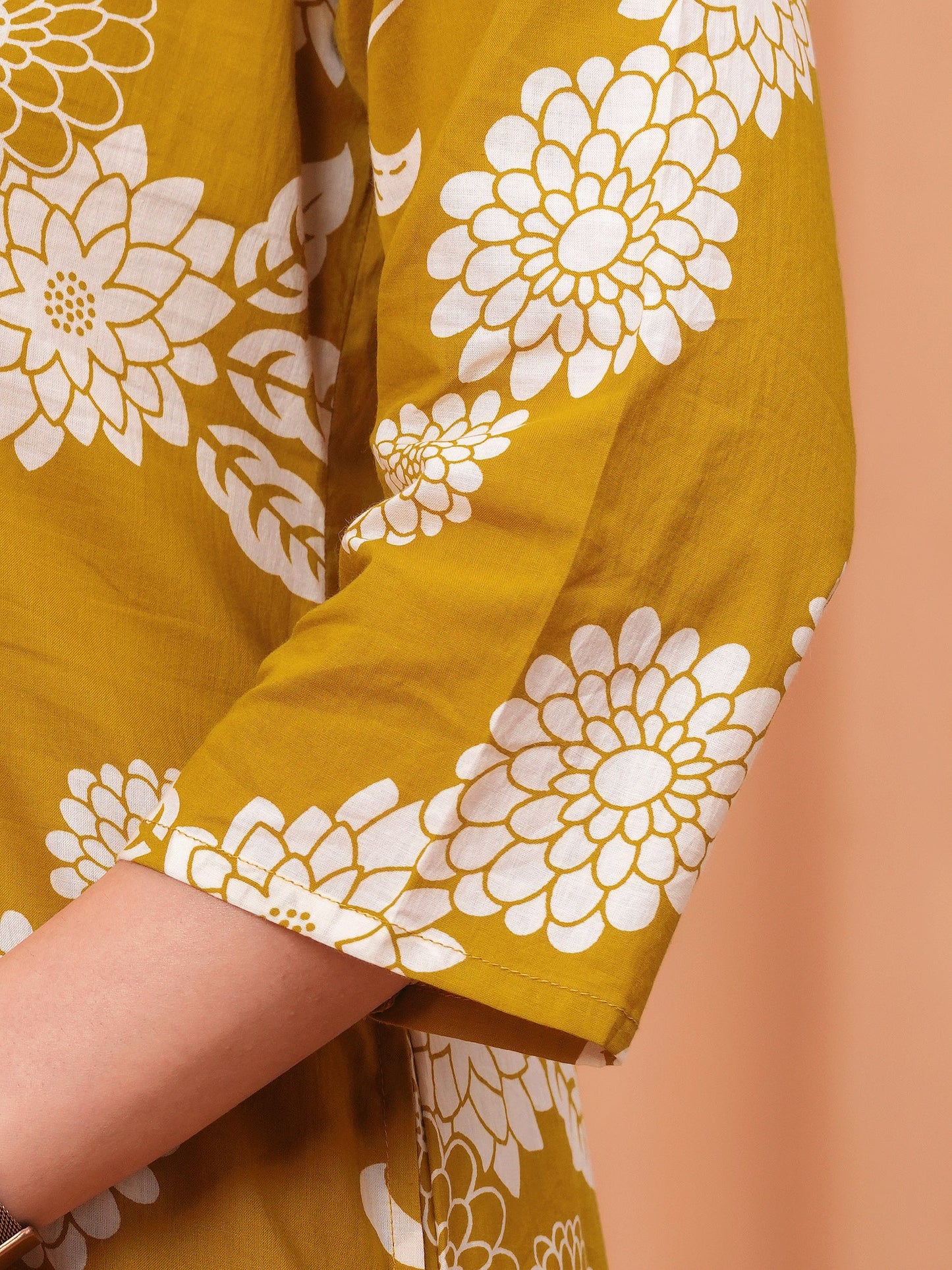 Soft Cotton Floral Flared Mustard Kurta