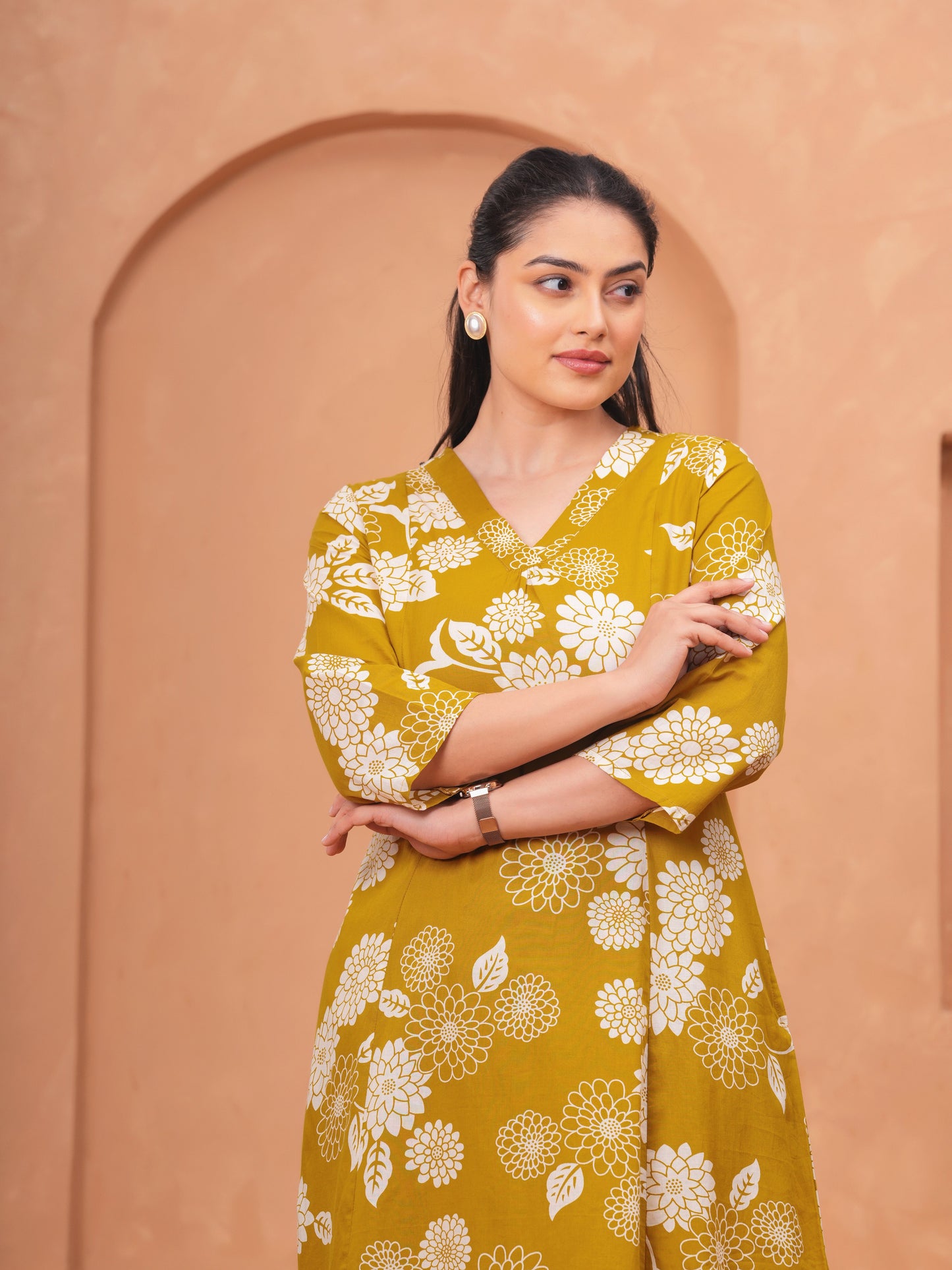 Soft Cotton Floral Flared Mustard Kurta