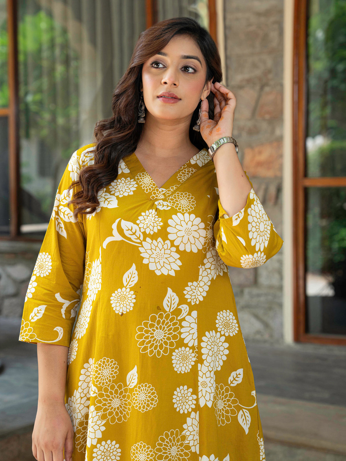 Soft Cotton Floral Flared Mustard Kurta