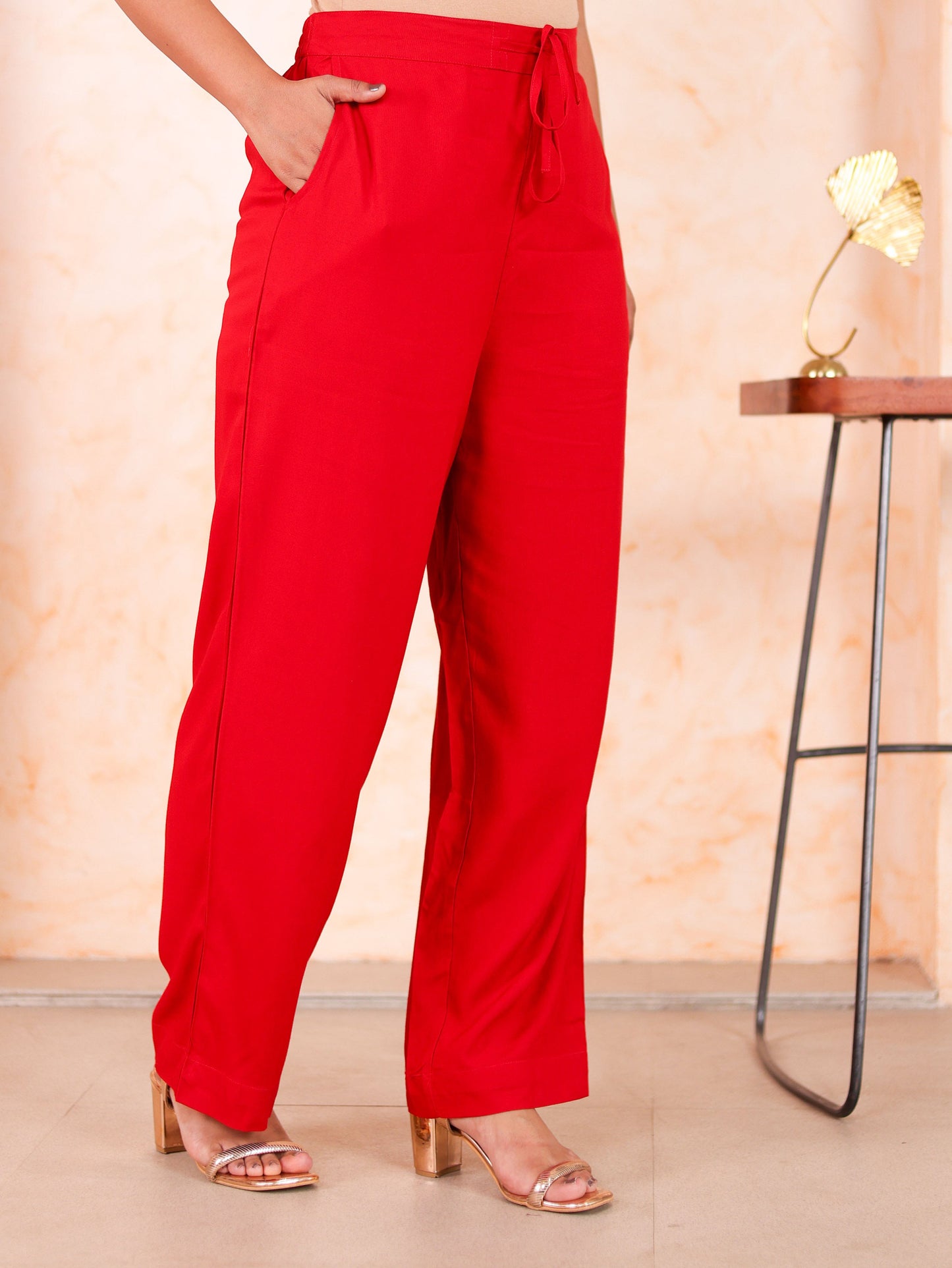 Embroidered Viscose Solid Red Straight Trousers