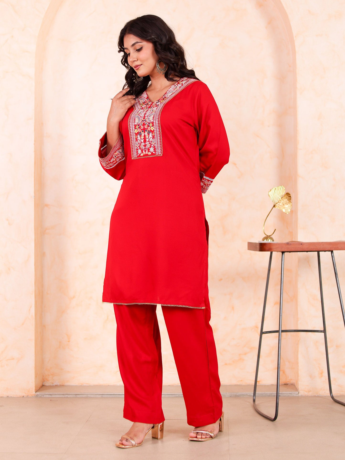 Embroidered Viscose Solid Straight Red Kurta
