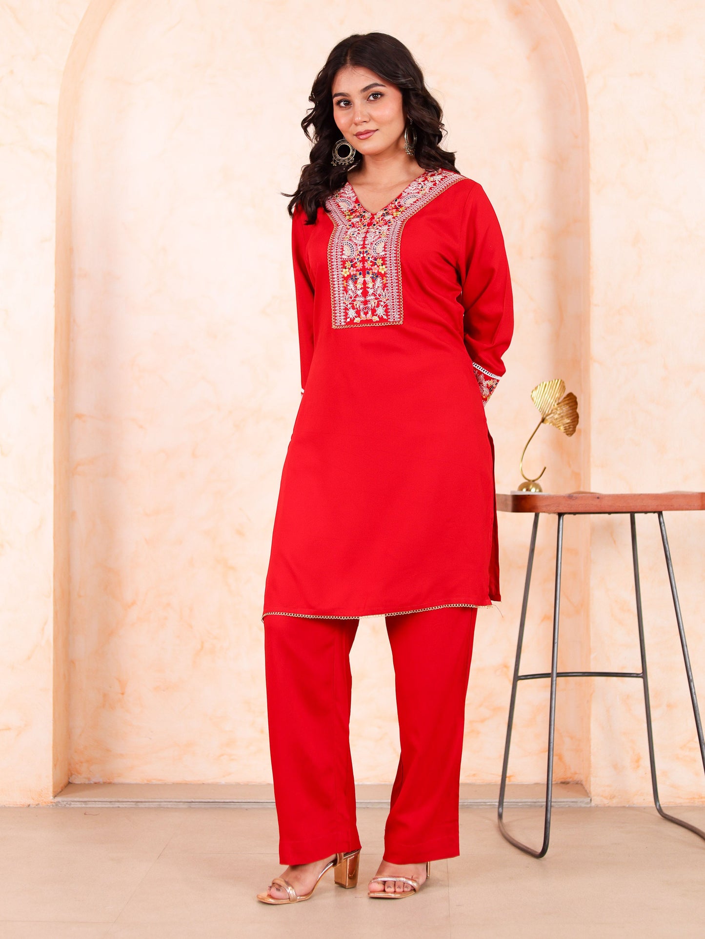 Embroidered Viscose Solid Straight Red Kurta