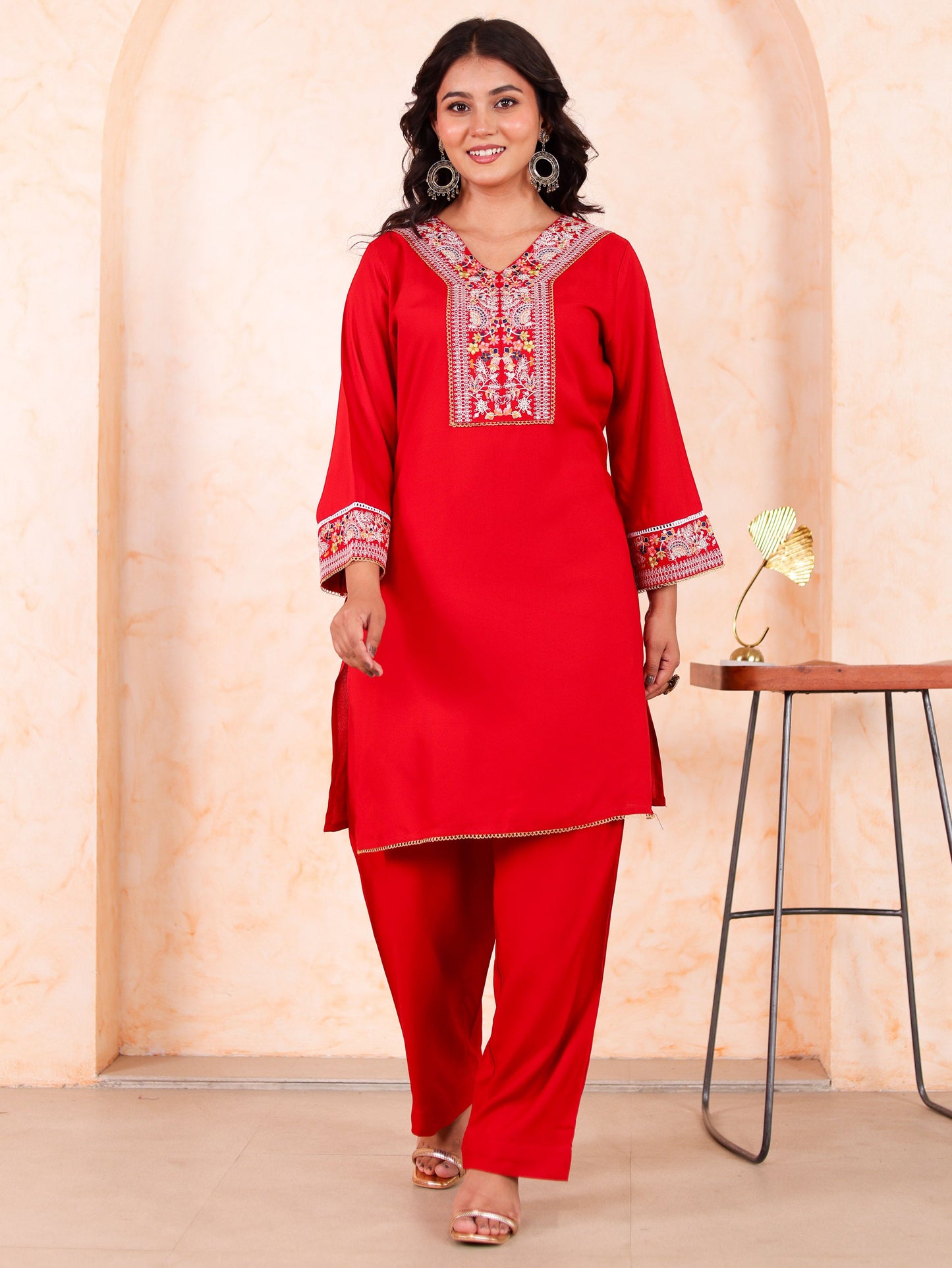 Embroidered Viscose Solid Straight Red Kurta