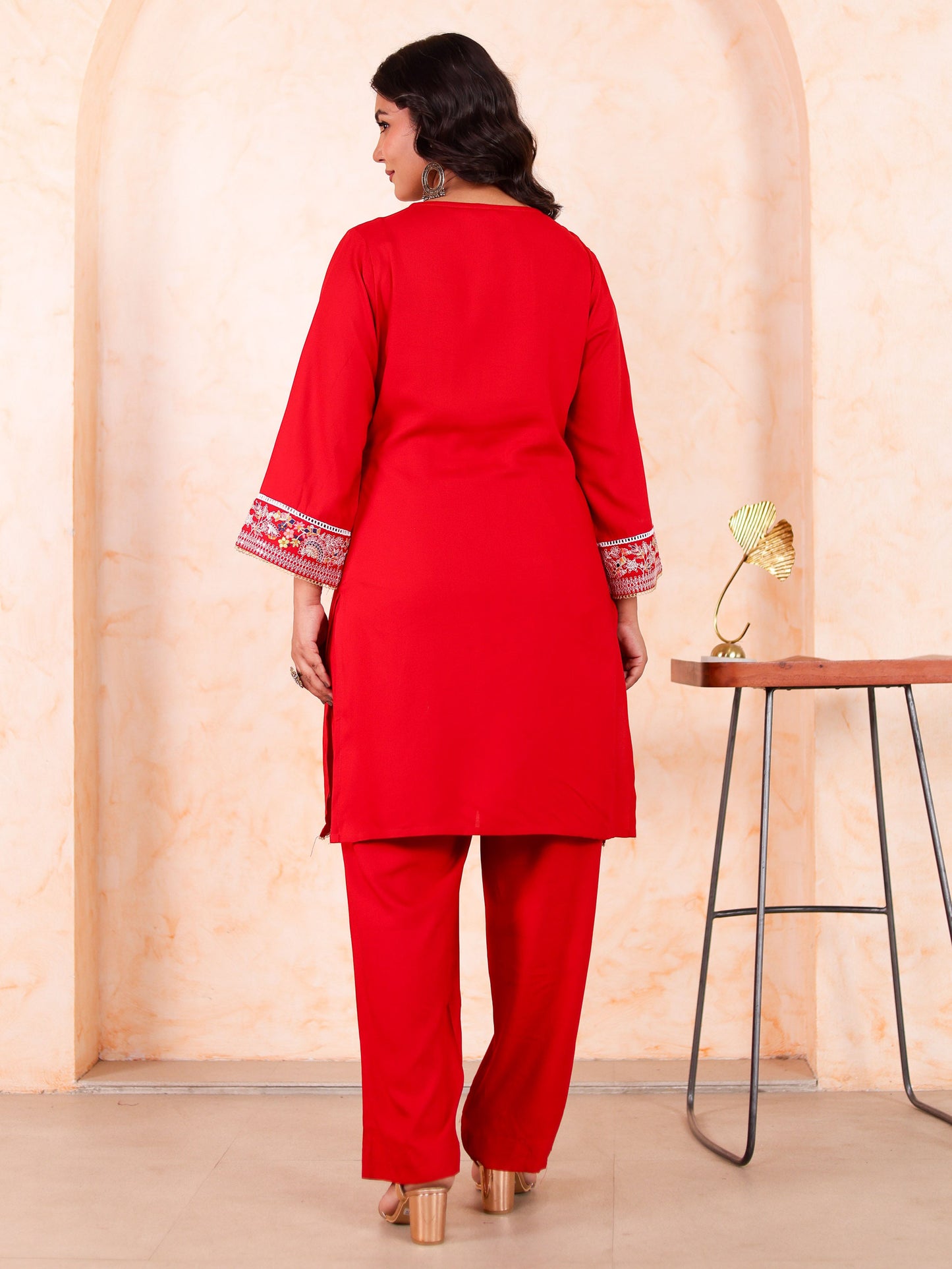 Embroidered Viscose Solid Straight Red Kurta