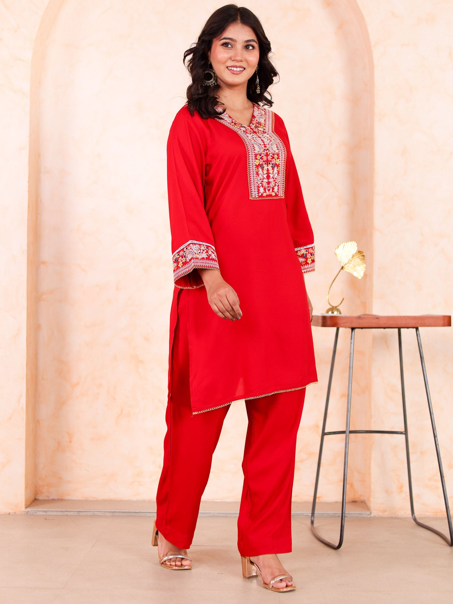 Embroidered Viscose Solid Straight Red Kurta