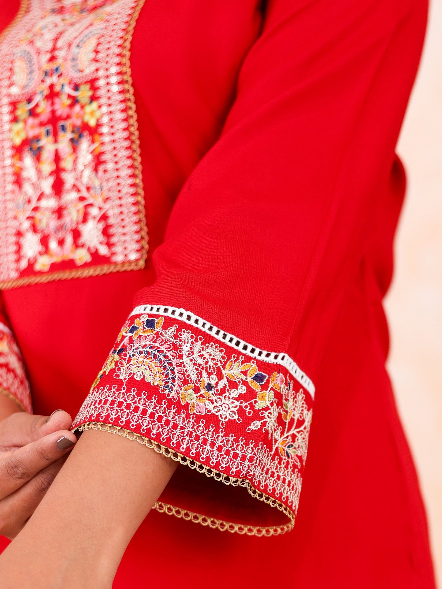 Embroidered Viscose Solid Straight Red Kurta