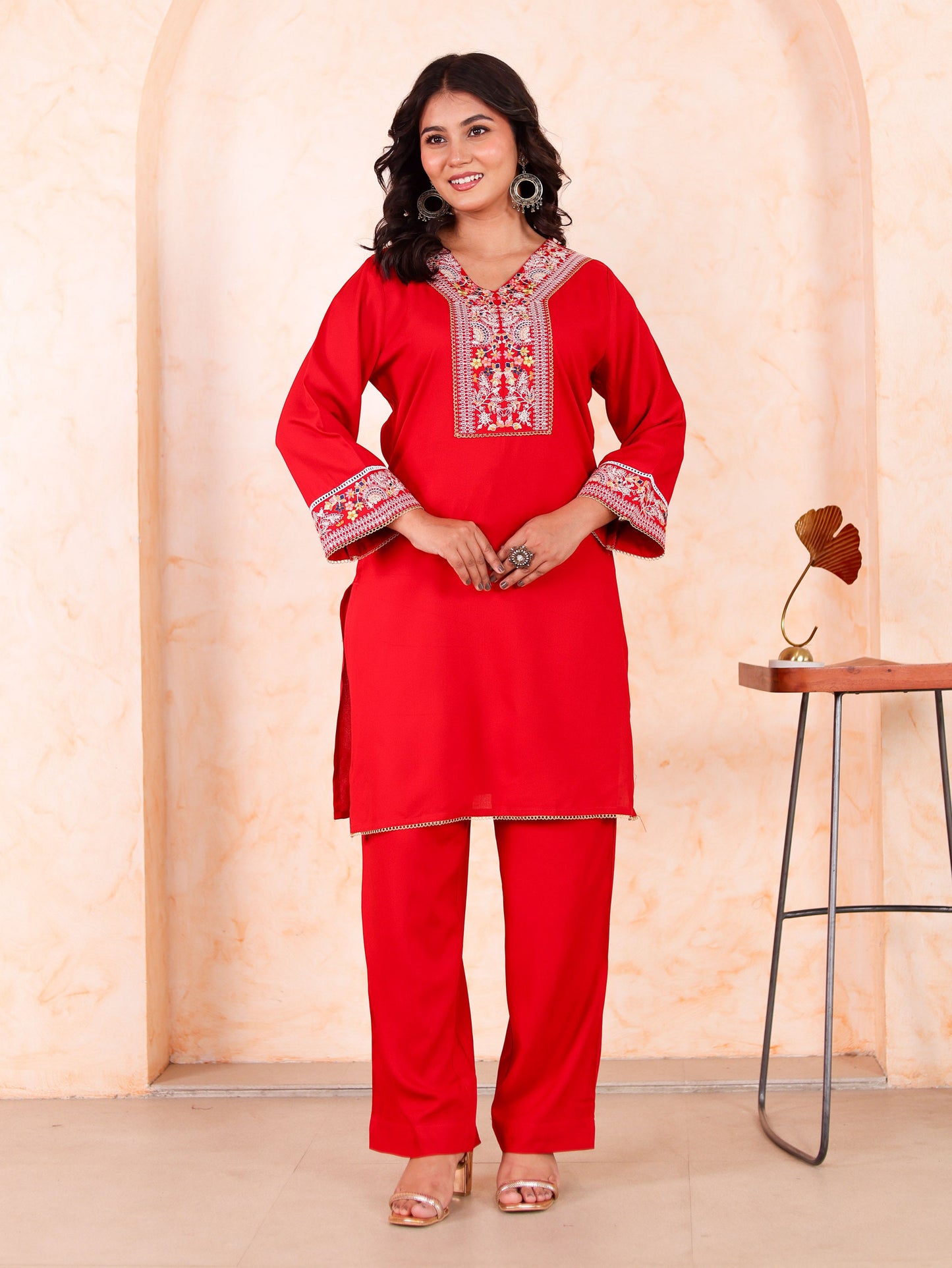 Embroidered Viscose Solid Straight Red Kurta